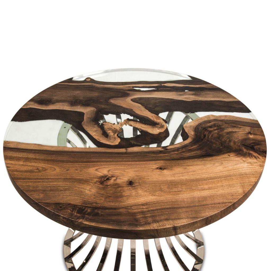 Fait main Table de salle à manger ronde Efil : bois d'olivier premium, chrome en vente