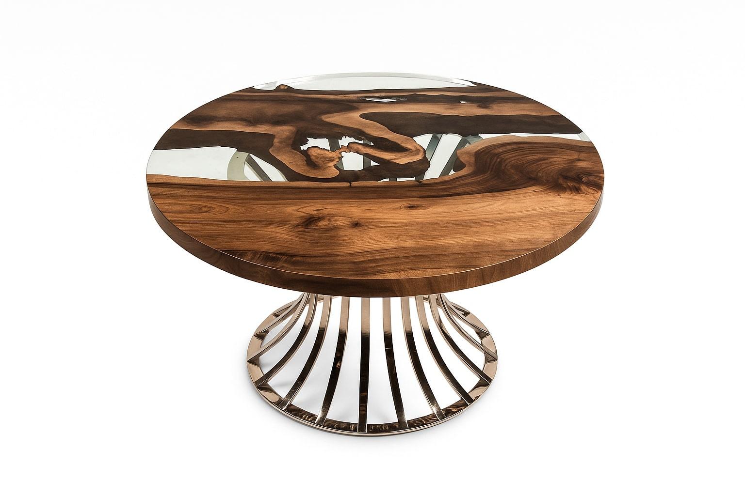 XXIe siècle et contemporain Table de salle à manger ronde Efil : bois d'olivier premium, chrome en vente
