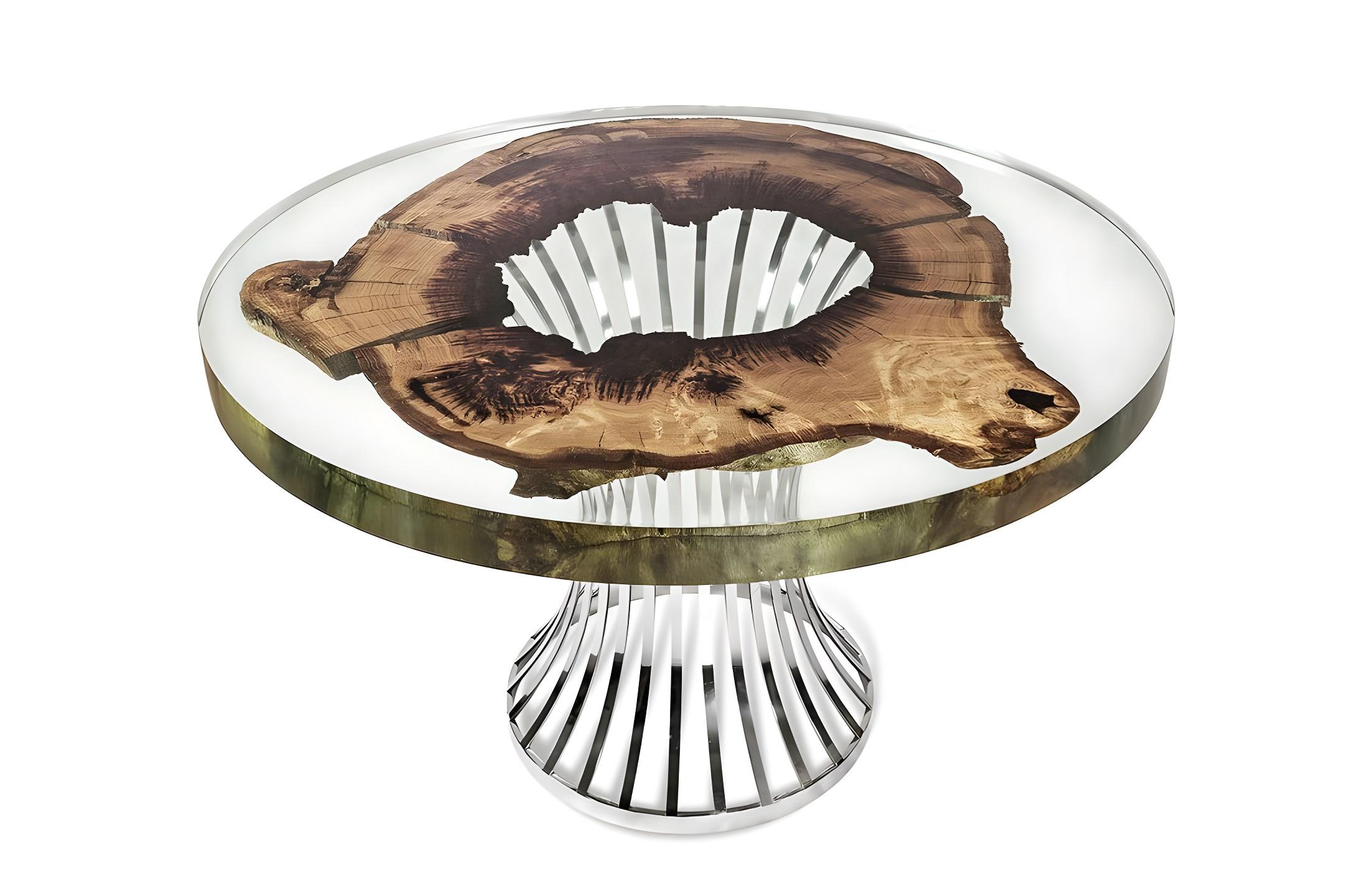 Table de salle à manger ronde Efil : bois d'olivier premium, chrome en vente 1