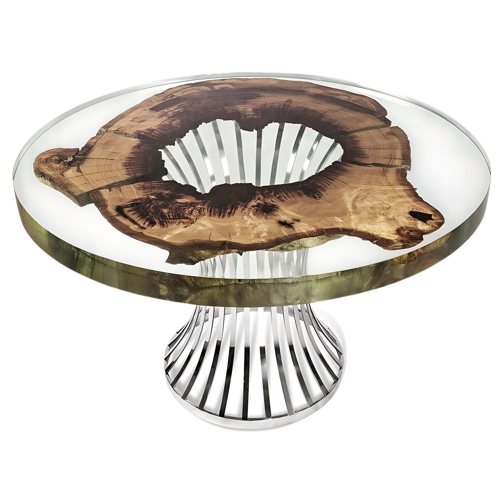 Efil Round Dining Table: Premium Olive Wood, Chrome For Sale