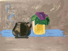 Chinese Israeli Modernist Still Life Lithograph Abstract Flowers in Vase