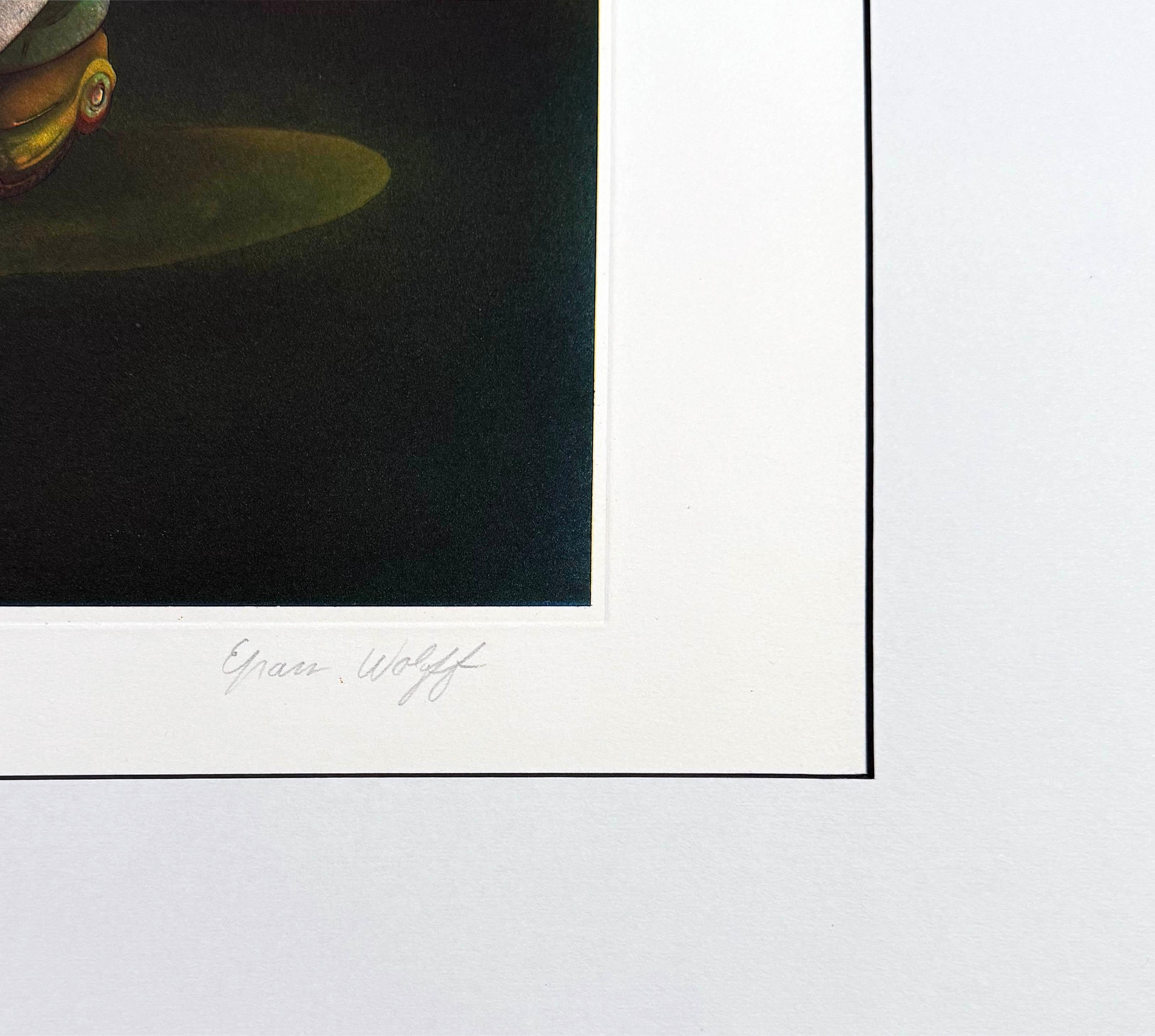 Bean Soup shows Wolff's propensity to mix metaphors and humor in his work, and also has a slightly retro look toward an earlier time. Intaglio print from three plates, signed and numbered from the edition of 30. Image of factory workers with