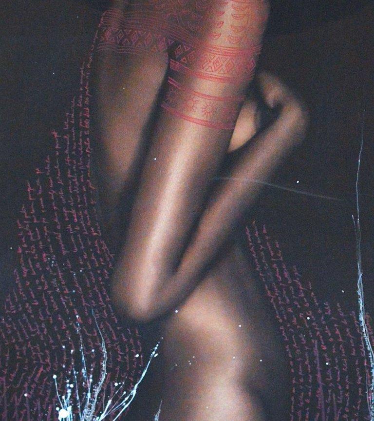 BS Staring 1 by Efren Isaza
89 in. H x 53 in. W. Framed 
84 in. H x 48.5 in. W. Unframed
Framed archival pigment image printed on canvas, intervened with paint, ink and intentionally scratched by the artist
Signed, titled, dated and annotated in