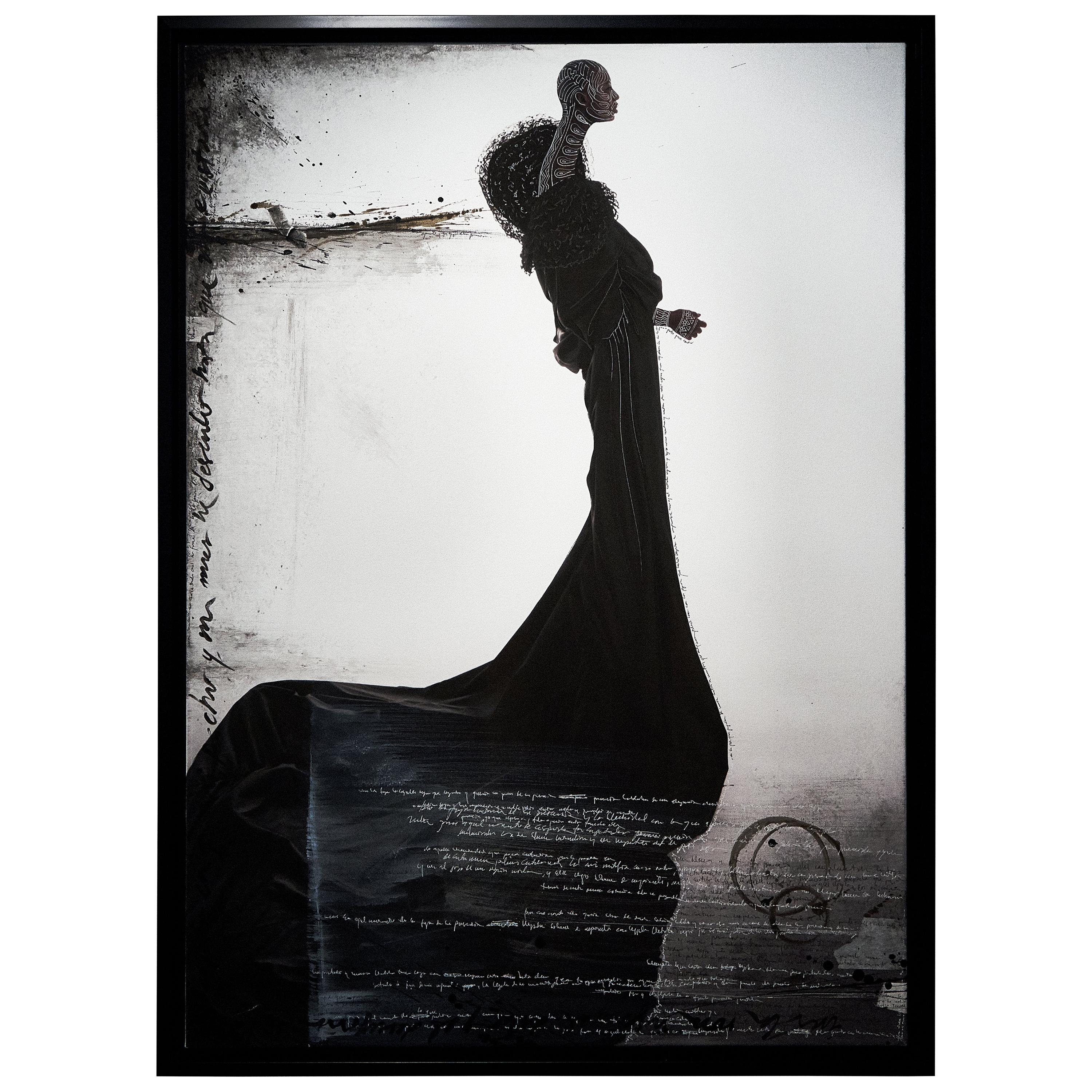 Efren Isaza Figurative Photograph - Black Rosa, One of a kind artwork canvas intervened by the artist
