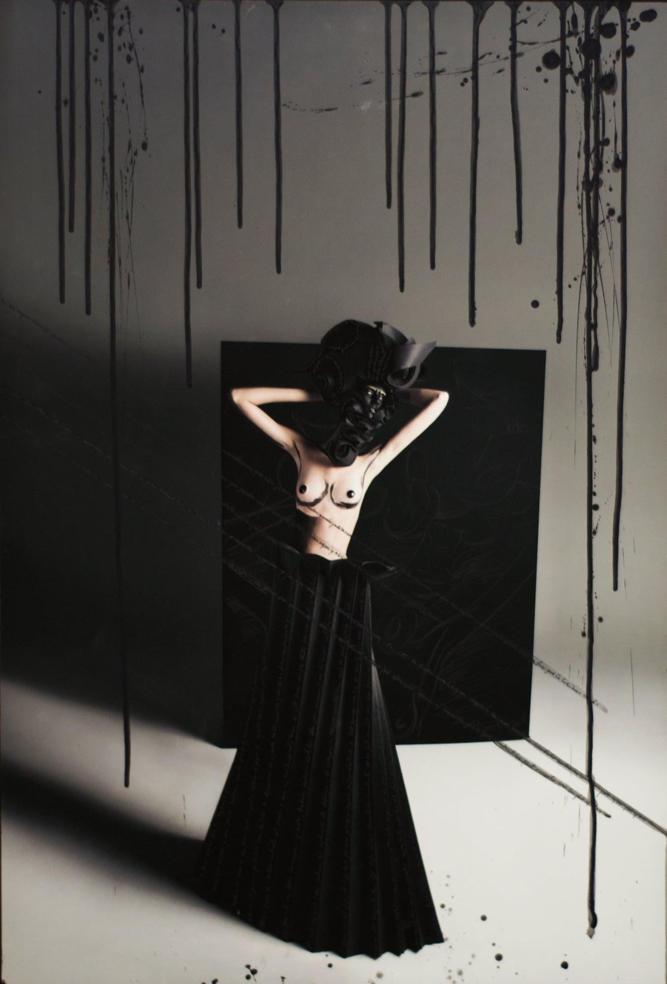 Teresa with Black Origami Skirt. Intervened photograph mounted on aluminum  - Photograph by Efren Isaza