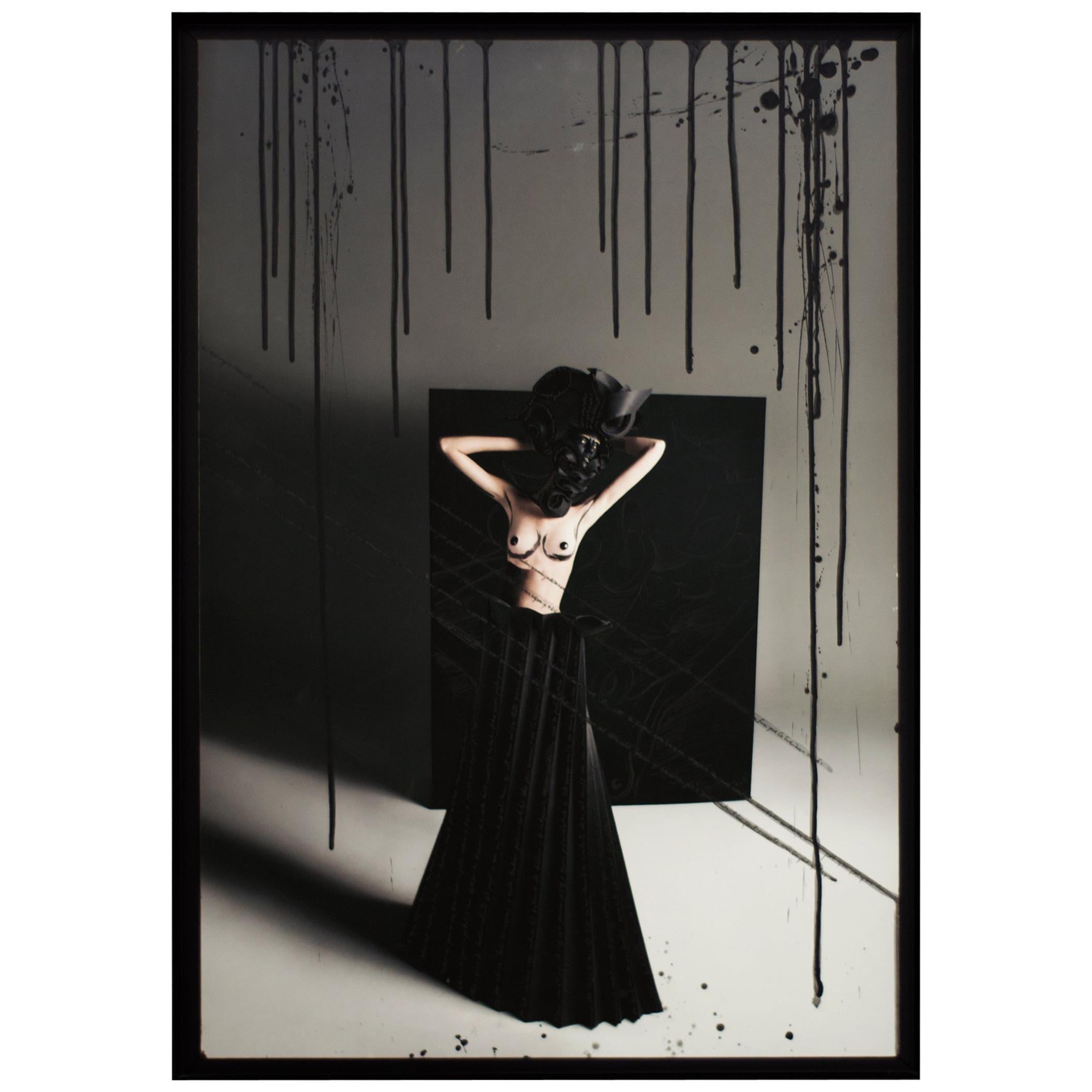 Efren Isaza Figurative Photograph - Teresa with Black Origami Skirt. Intervened photograph mounted on aluminum 