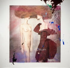 Twins with Red Coat. One of a kind artwork intervened by the artist, (Framed)