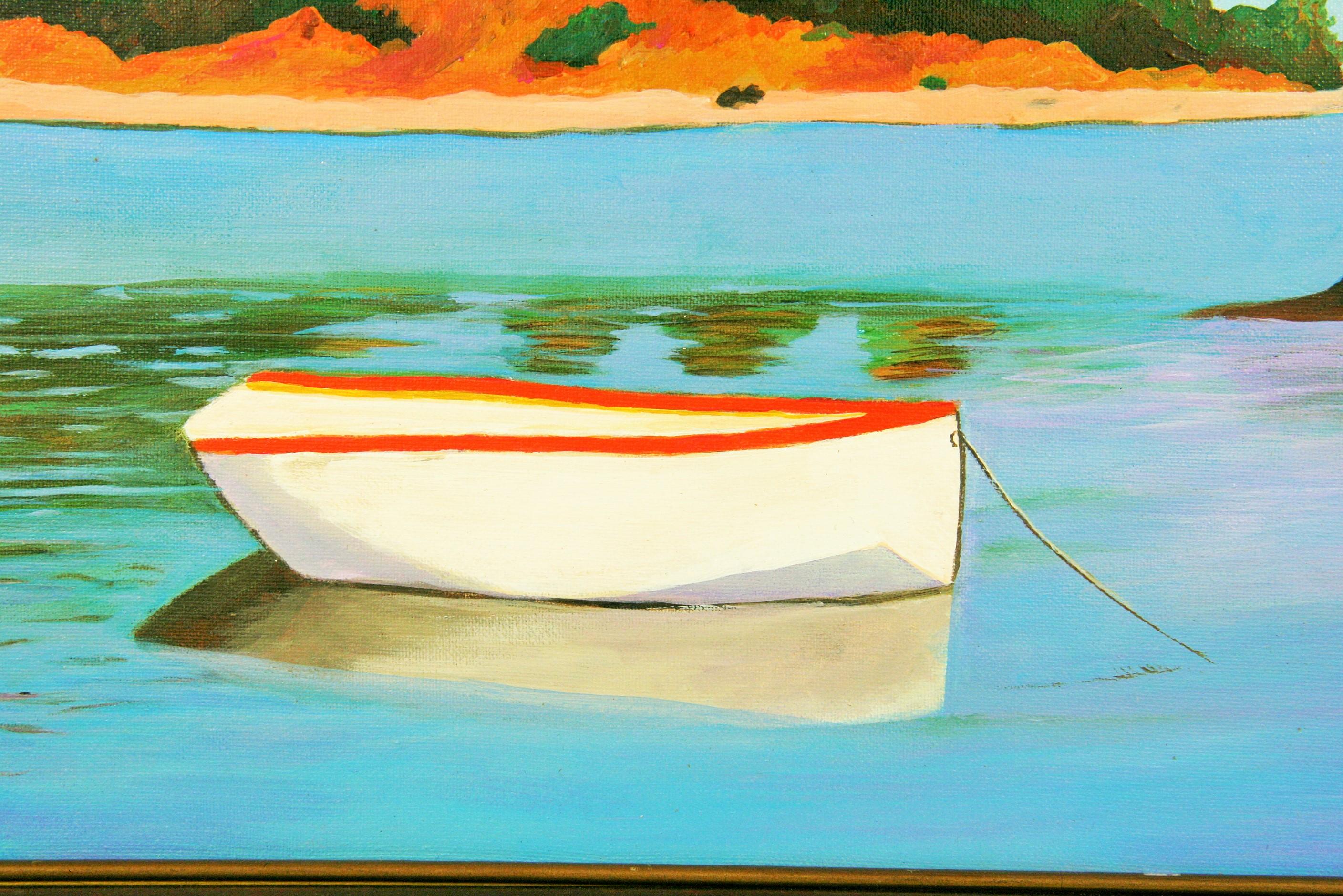 Italian  Coastal Landscape with  Slip - Blue Landscape Painting by E.Frizzi