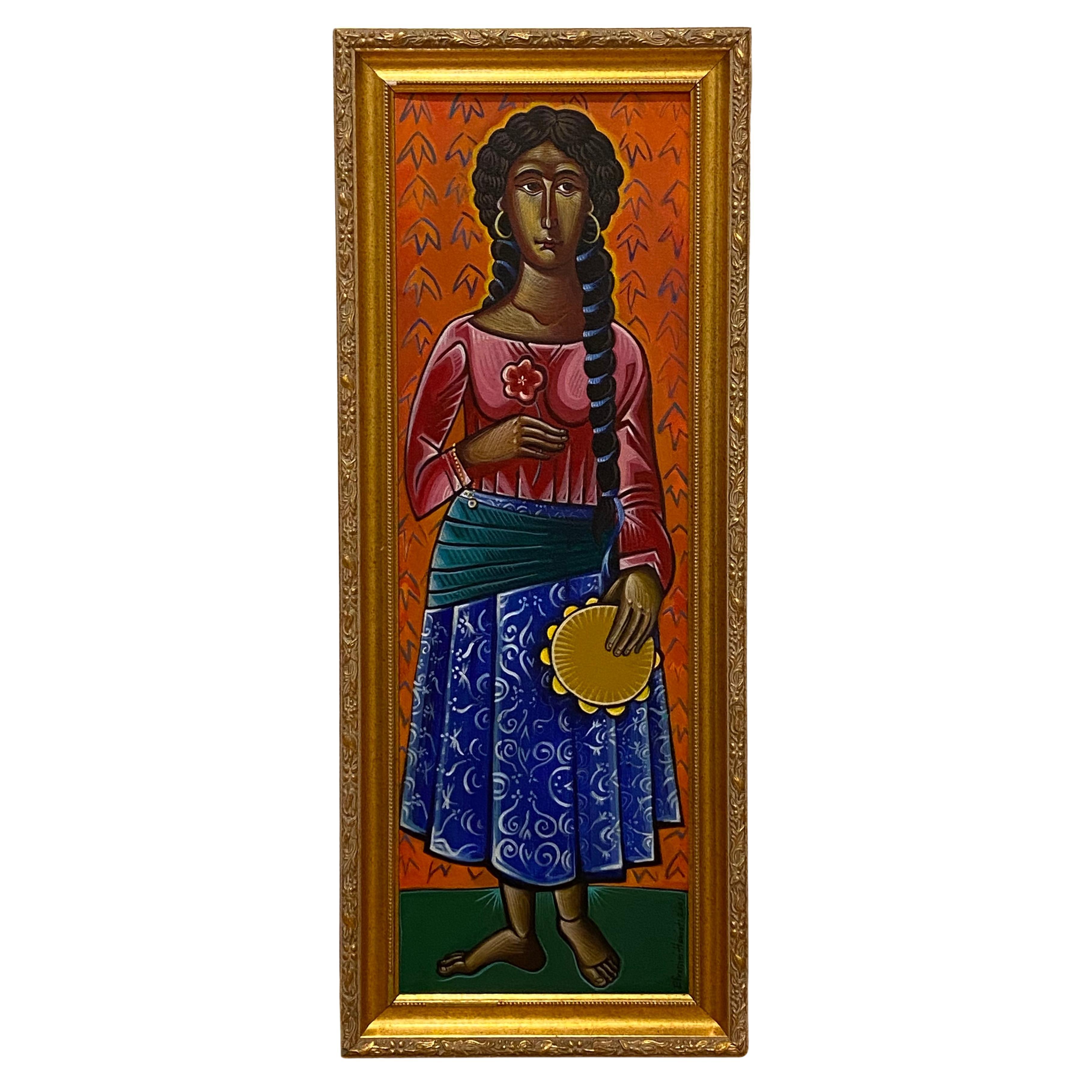 Efrossini Hanioti Oil on Tempera "Gypsy" Painting, c2001. Signed & Framed. For Sale