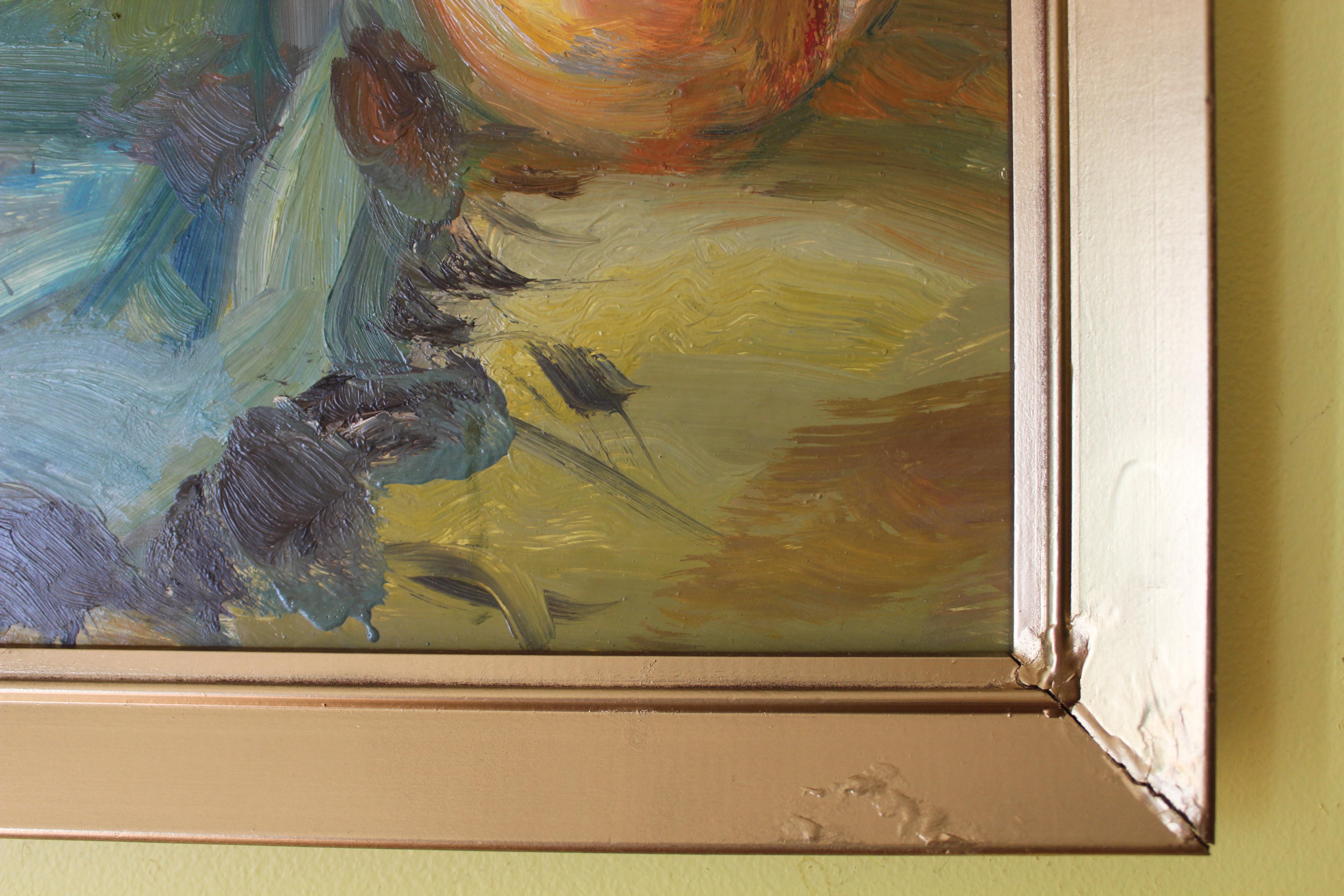 Il s'agit d'une rare peinture à l'huile sur panneau signée par le célèbre artiste biélorusse E.G. Korobushkin, représentant une nature morte - un vase avec des fruits et une tasse de thé sur une table. 

Signé au dos de la toile 