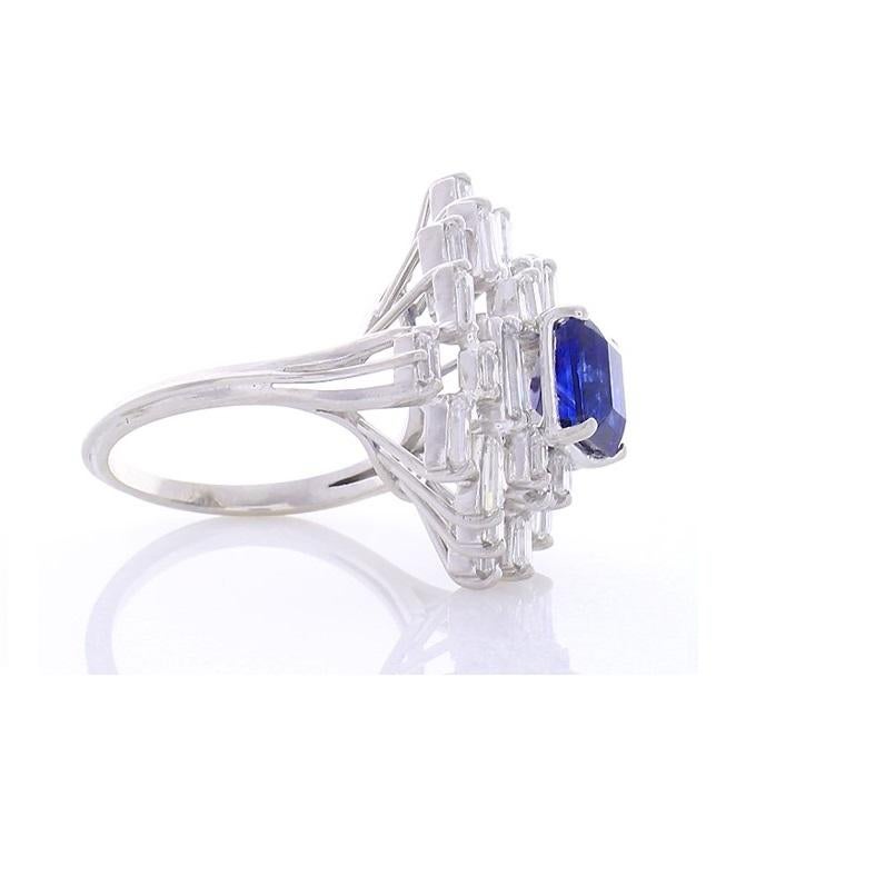 Women's EG Lab Certified 2.62 Carat Emerald Cut Blue Sapphire and Diamond Cocktail Ring