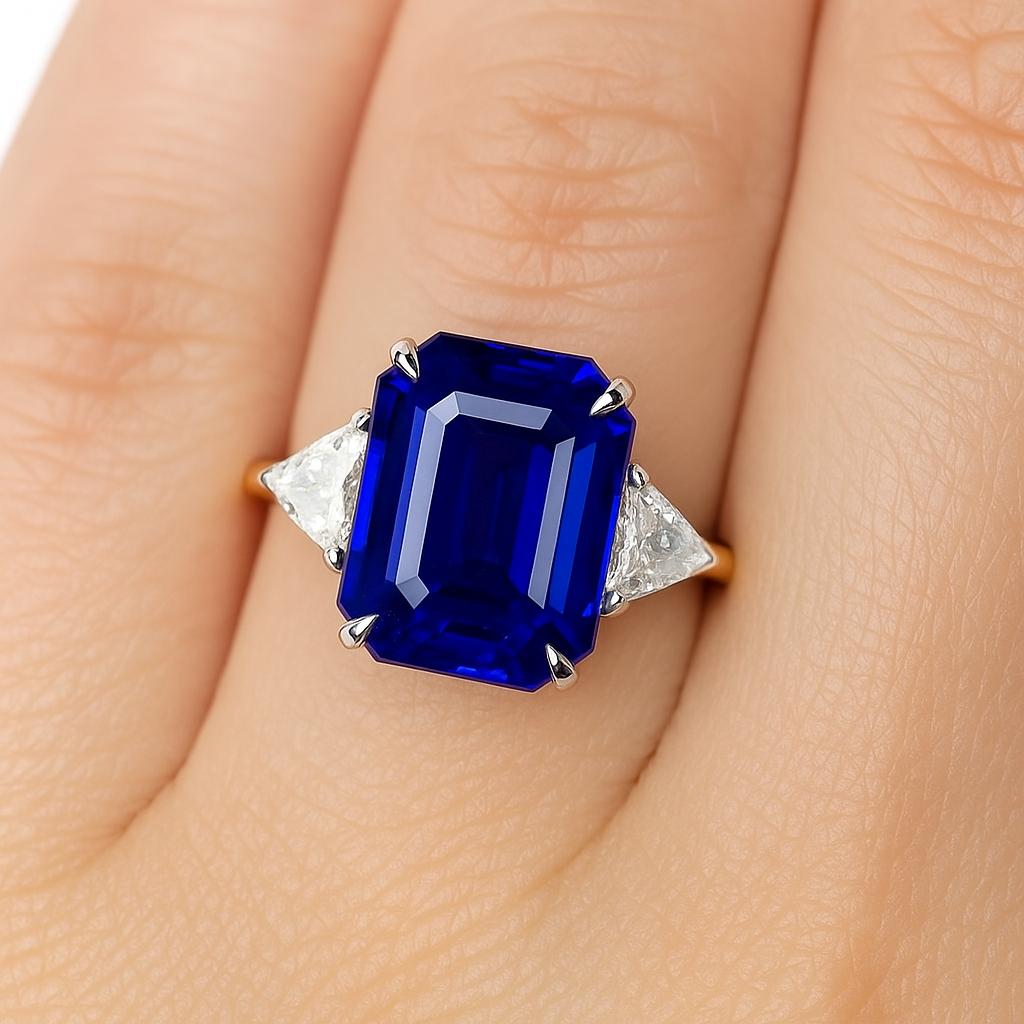 Contemporain Bague en platine avec saphir de Ceylan certifié par un laboratoire de 3,51ct et diamant trapézoïdal en vente