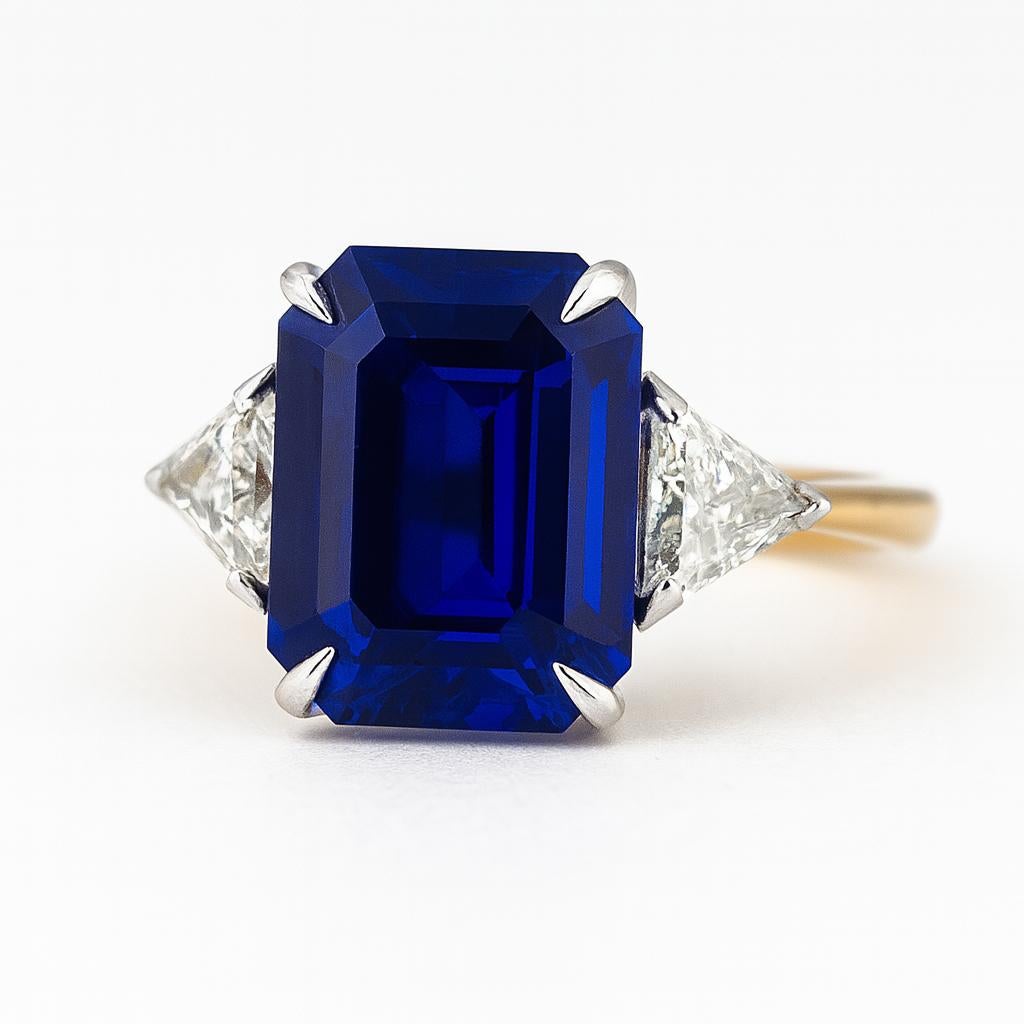 Taille octogone Bague en platine avec saphir de Ceylan certifié par un laboratoire de 3,51ct et diamant trapézoïdal en vente