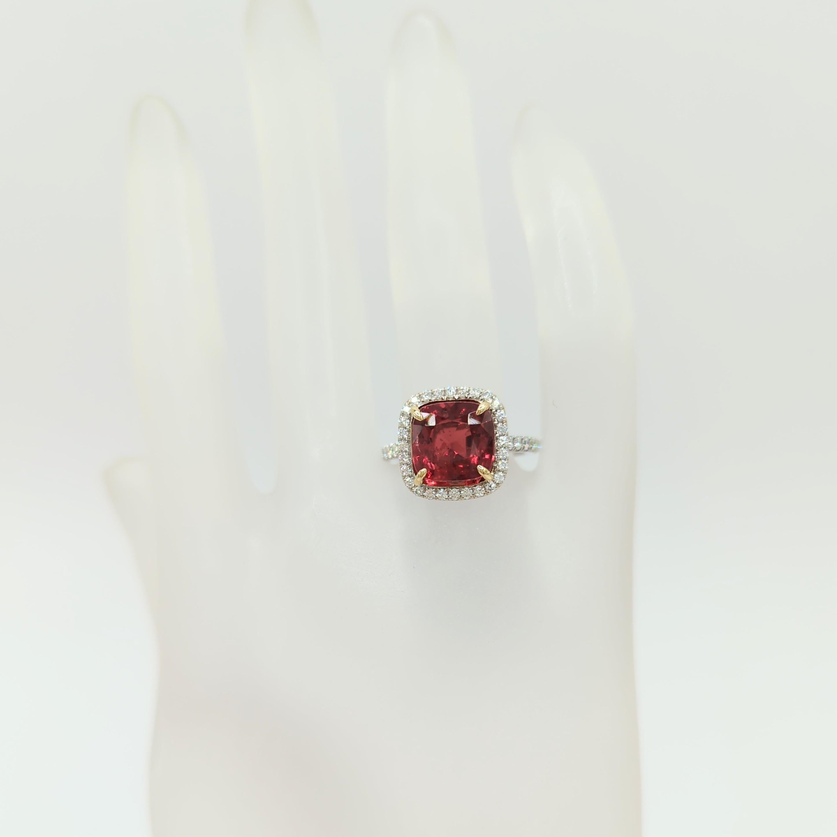 Cushion Cut EG Lab Vivid Red Spinel Cushion and White Diamond Ring in 18K 2 Tone Gold For Sale