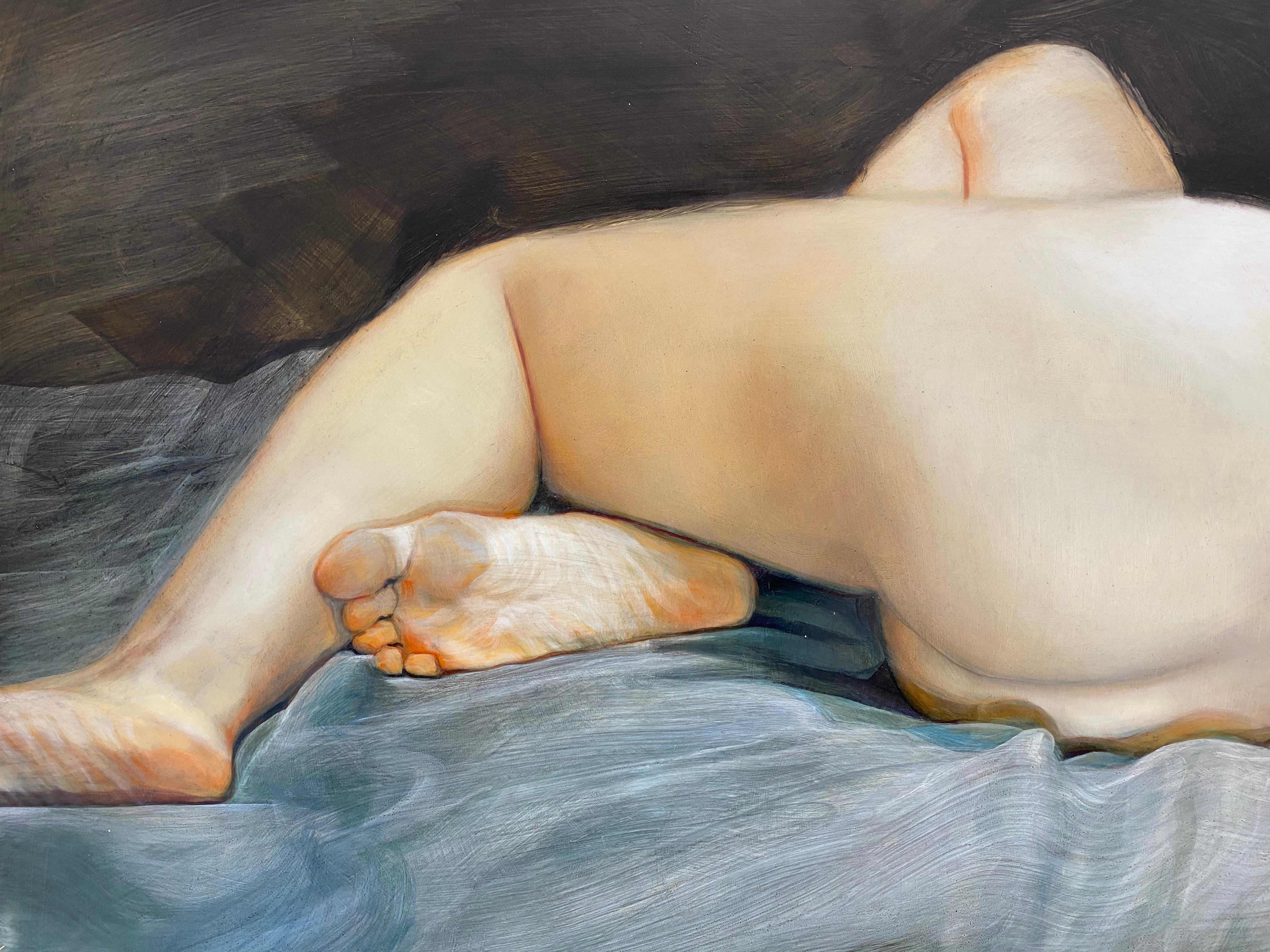 Lying down- 21 st Century Contemporary Painting of a nude woman lying down - Black Figurative Painting by Egbert Modderman