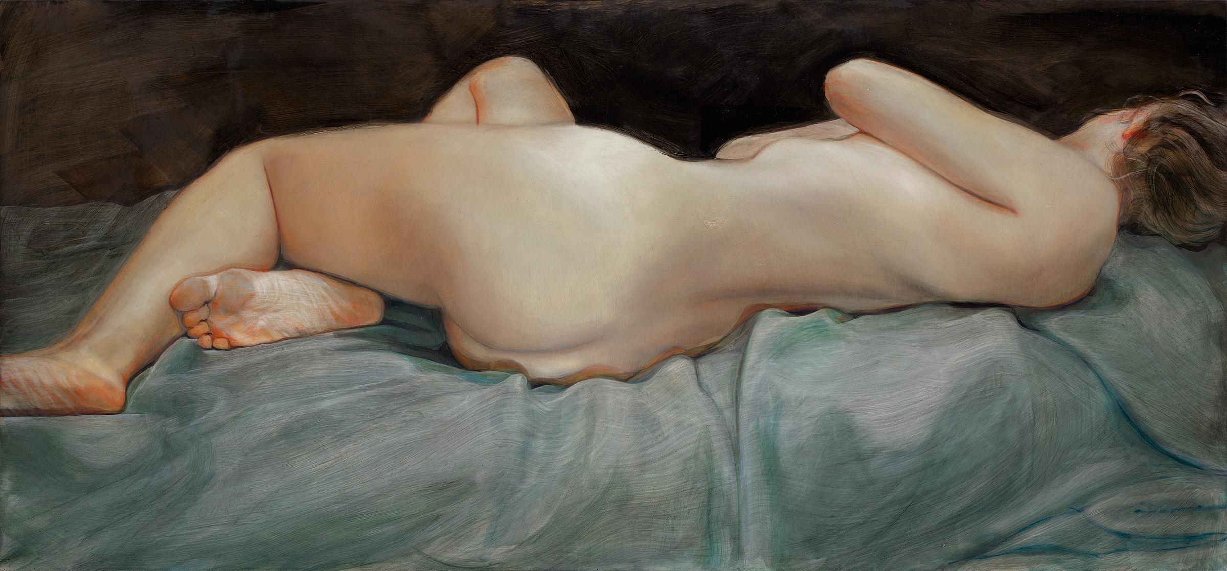 Sdraiata- Pittura contemporanea del 21° secolo di una donna nuda sdraiata