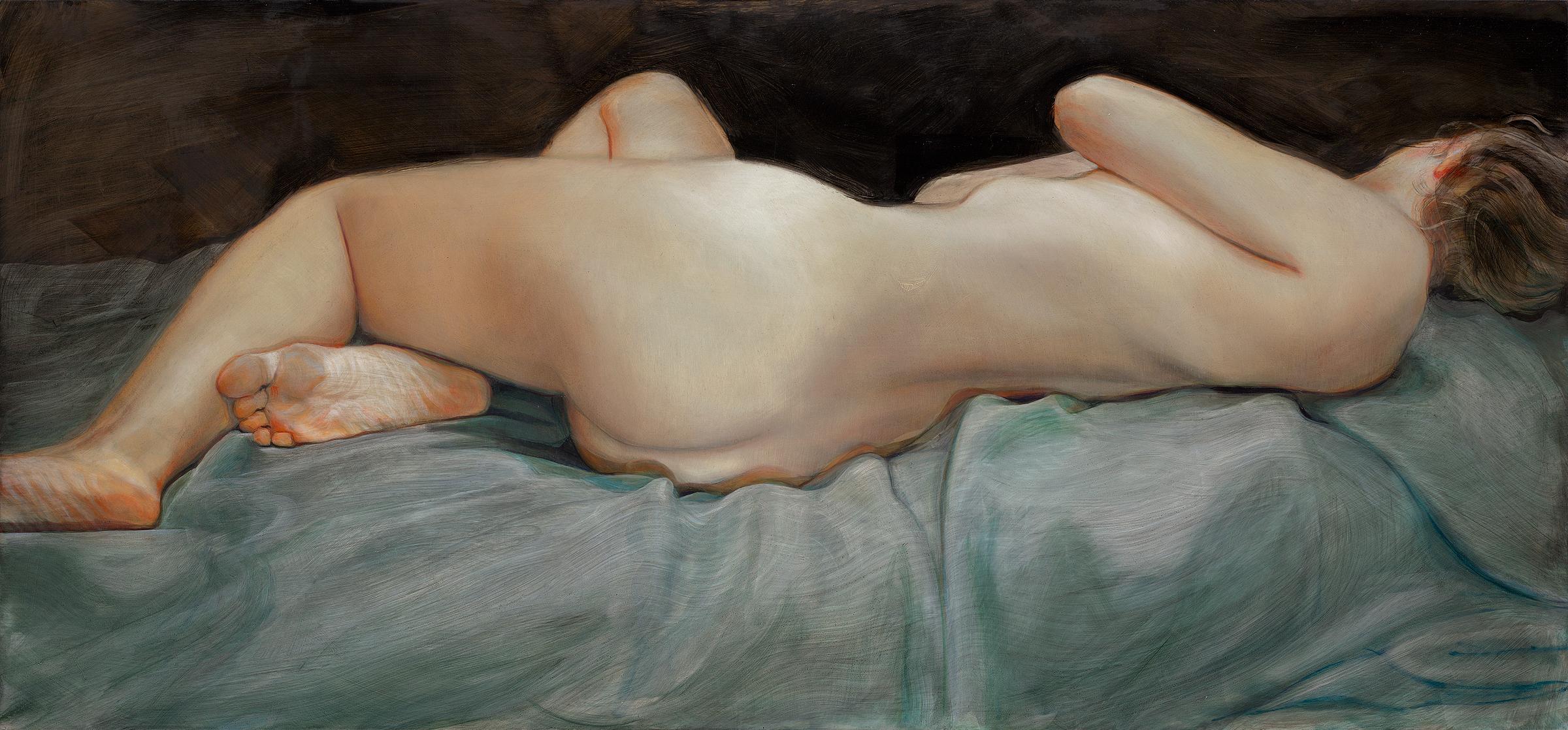 Lying down- 21 st Century Contemporary Painting of a nude woman lying down