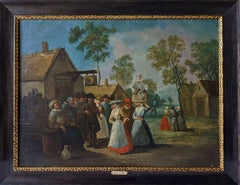 Large 17th Century Dutch Old Master Oil Painting Village Scene with Merry Makers