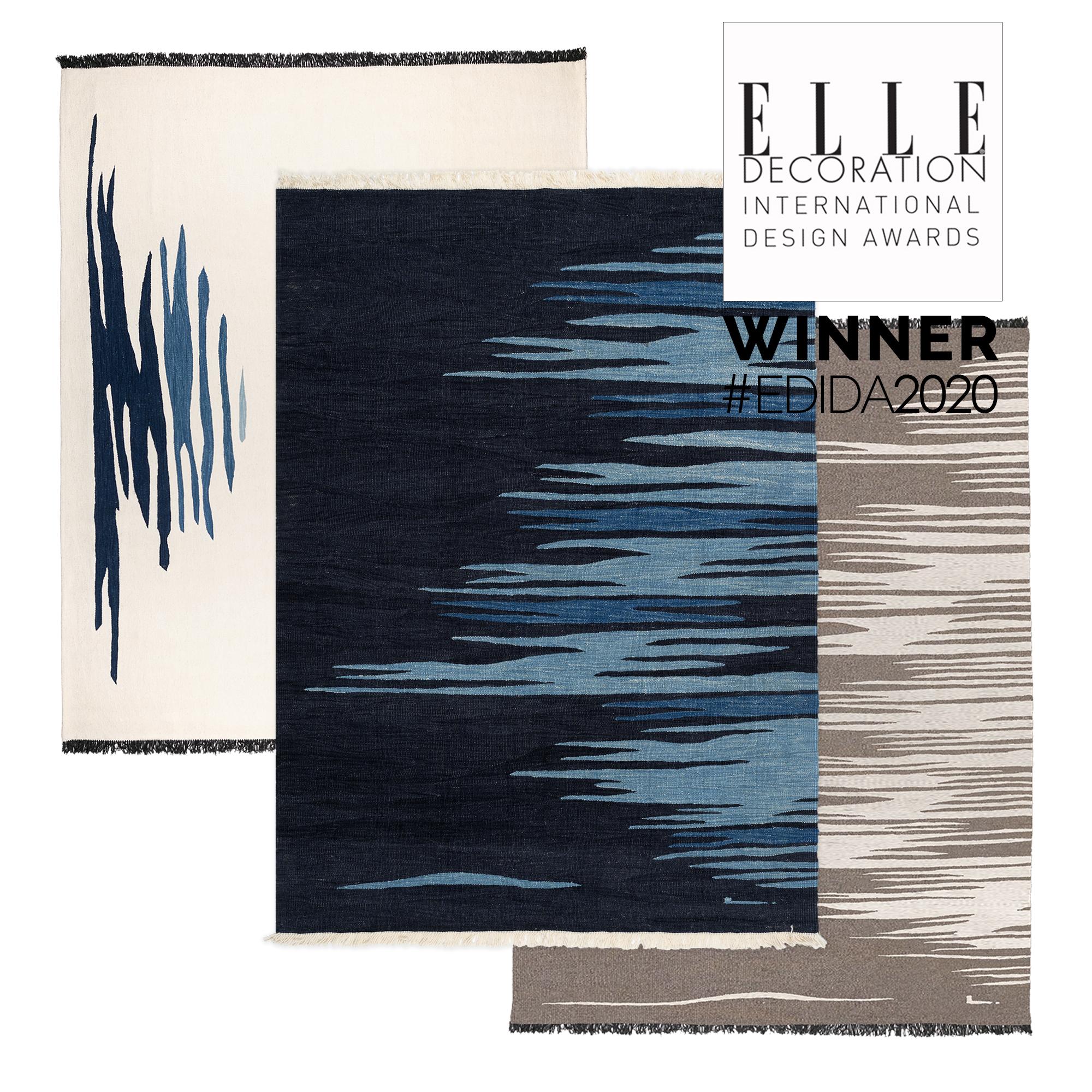 Ege No 1 Zeitgenössischer moderner Kelim-Teppich aus handgewebter Wolle in Dune Weiß und Blau im Angebot 1