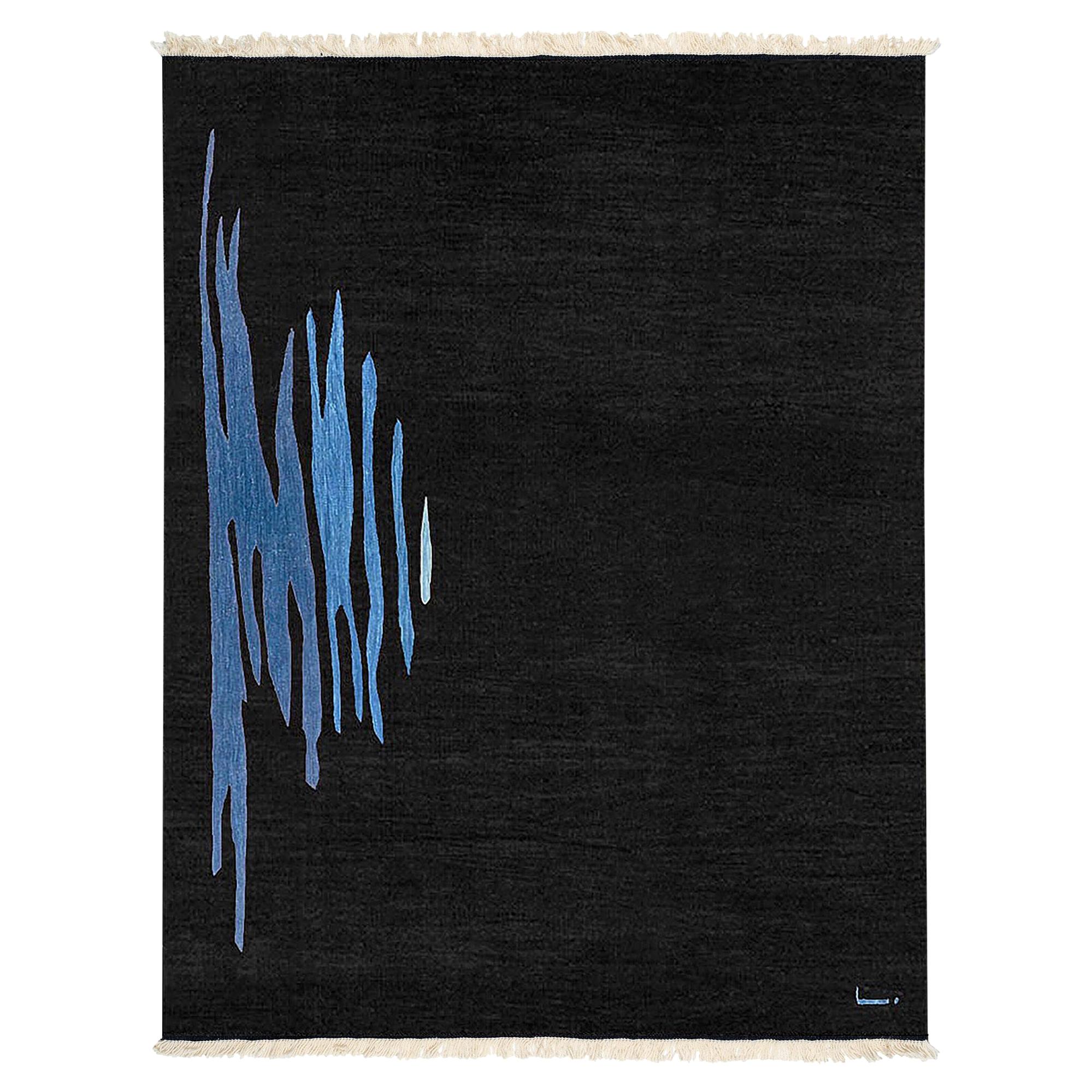 Tapis Kilim moderne contemporain Ege No 1, en laine tissé à la main, noir et bleu en vente