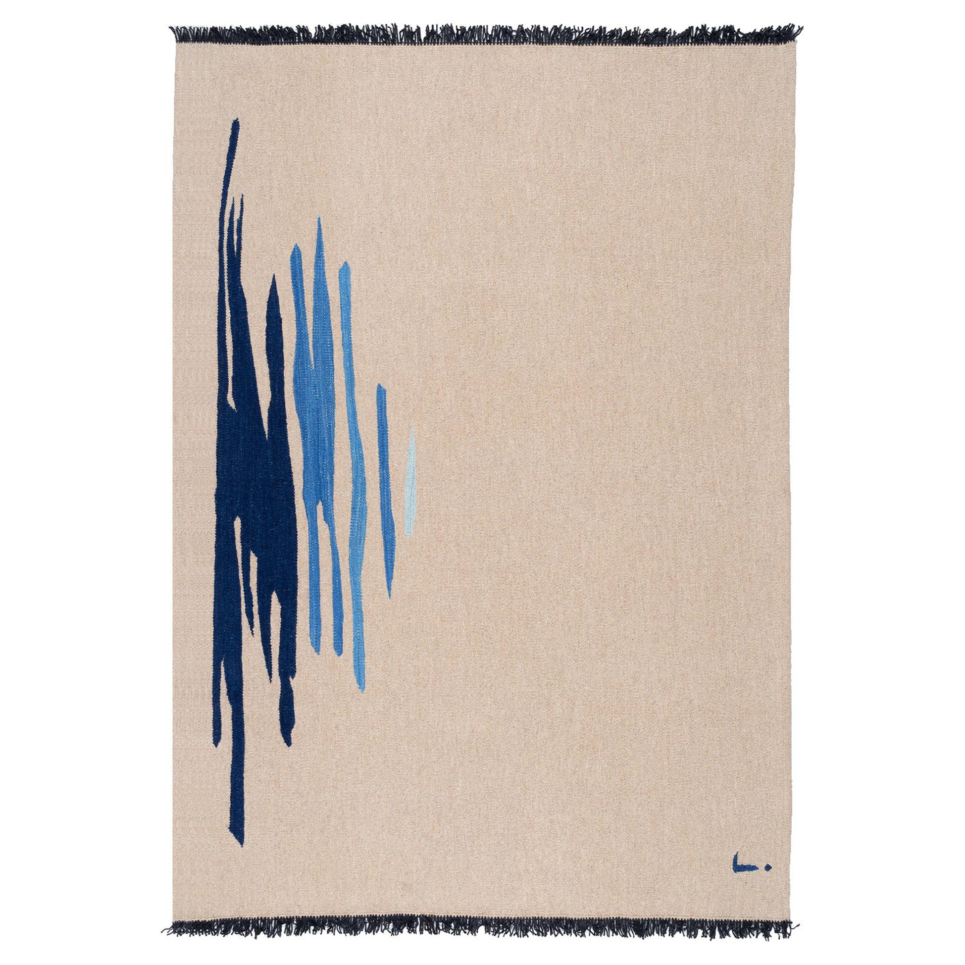 Tapis Kilim moderne contemporain Ege No 1 en laine tissé à la main, sable et bleu