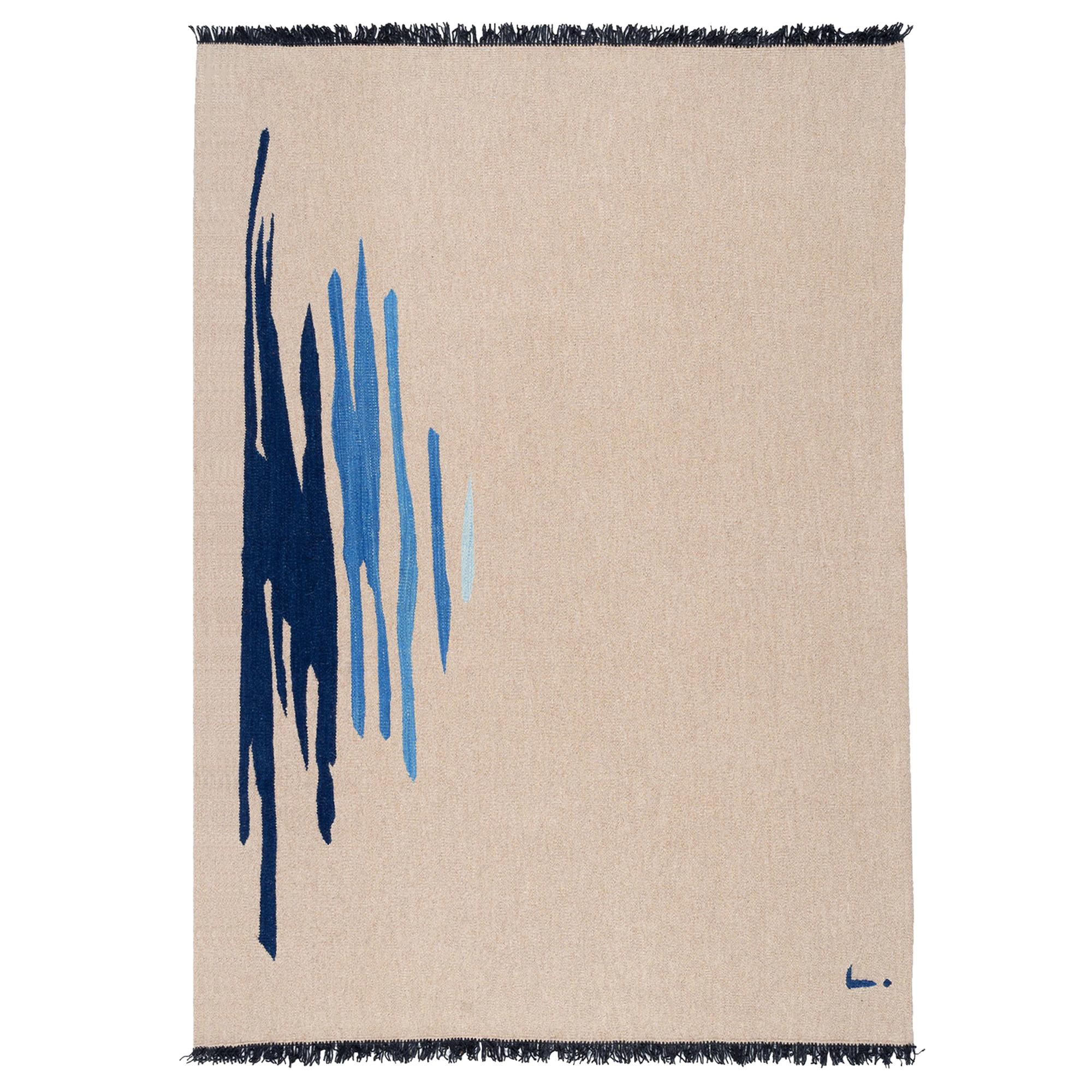 Ege No 1 Zeitgenössischer moderner Kelim-Teppich aus handgewebter Wolle in Sand und Blau im Angebot
