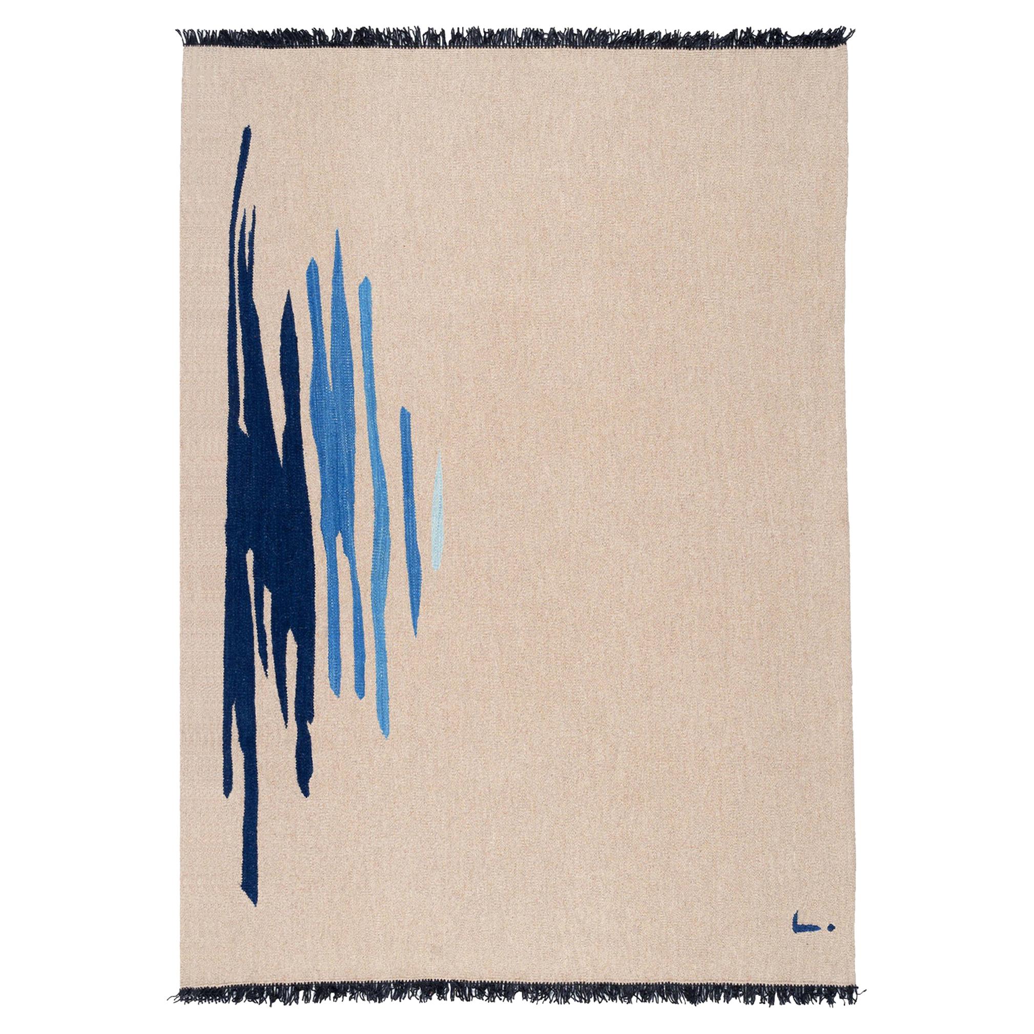 Ege No 1 Contemporary Modern Kilim Rug, Wool Handwoven Sand and Blue For Sale