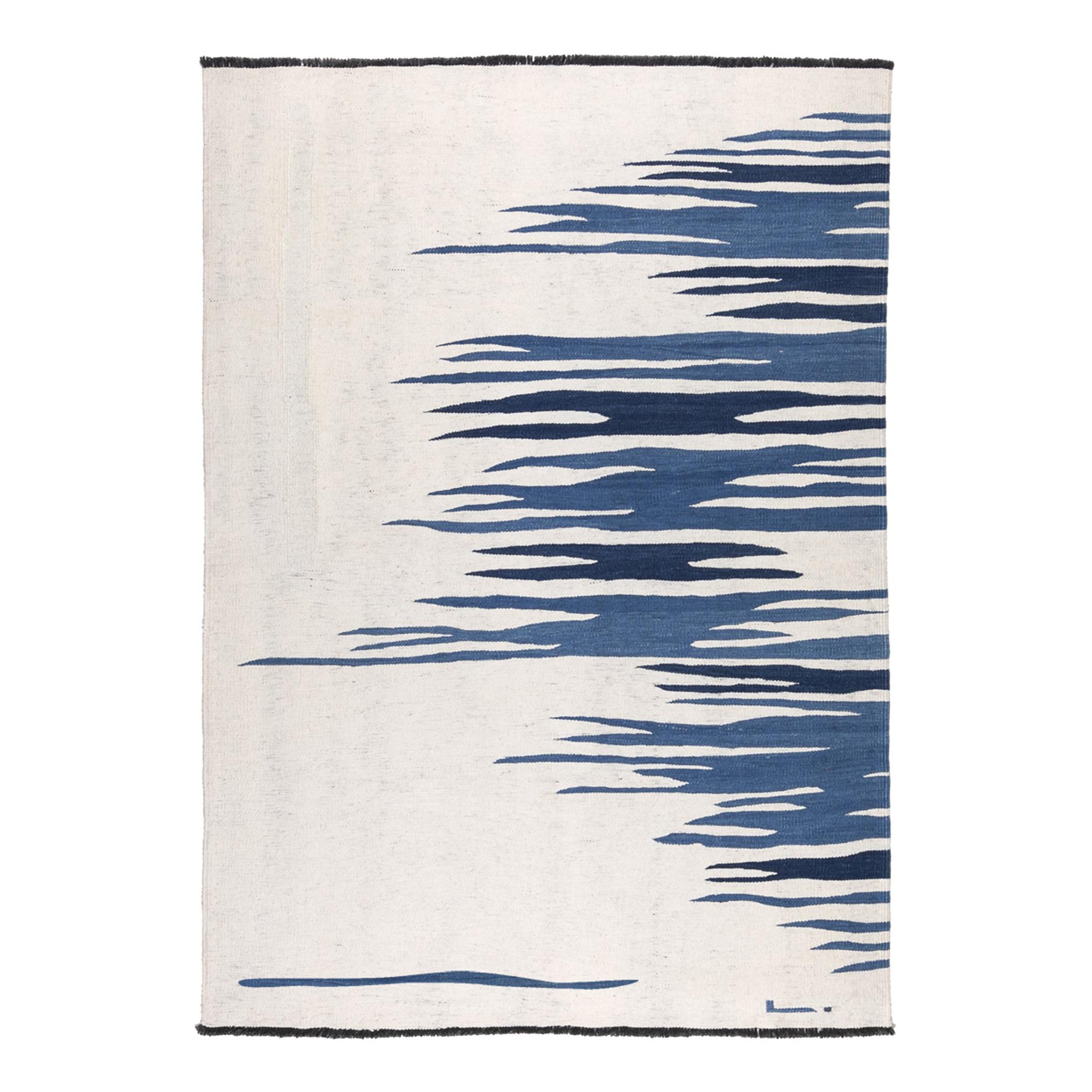 Ege No 2 Zeitgenössischer moderner Kelim-Teppich aus handgewebter Wolle in Dune Weiß und Blau