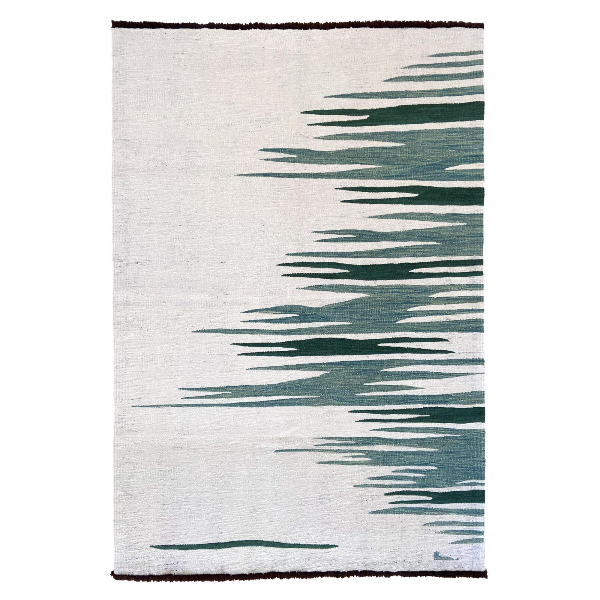 Tapis Kilim moderne contemporain Ege No 2, en laine tissé à la main Dune Blanc et Vert