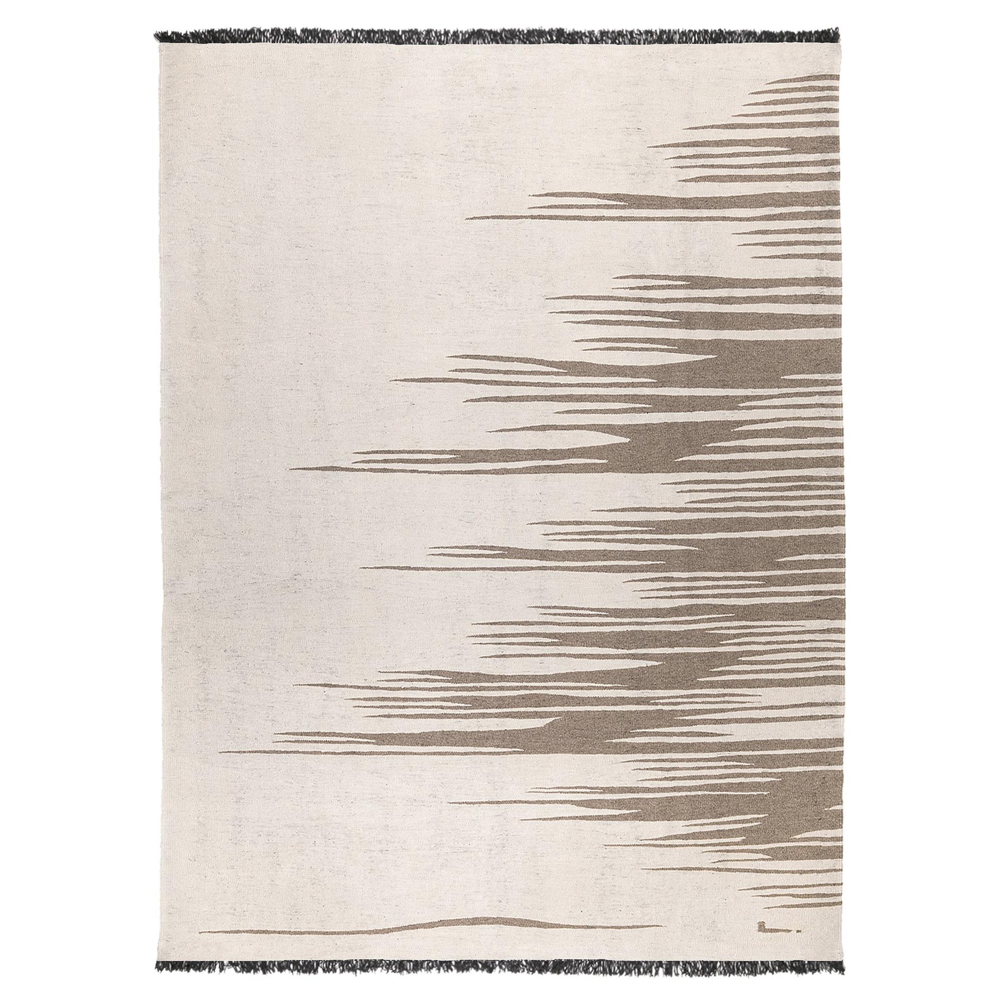 Ege No 3 Zeitgenössischer Kelim-Teppich aus handgewebter Wolle in Dune White und Erdgrau