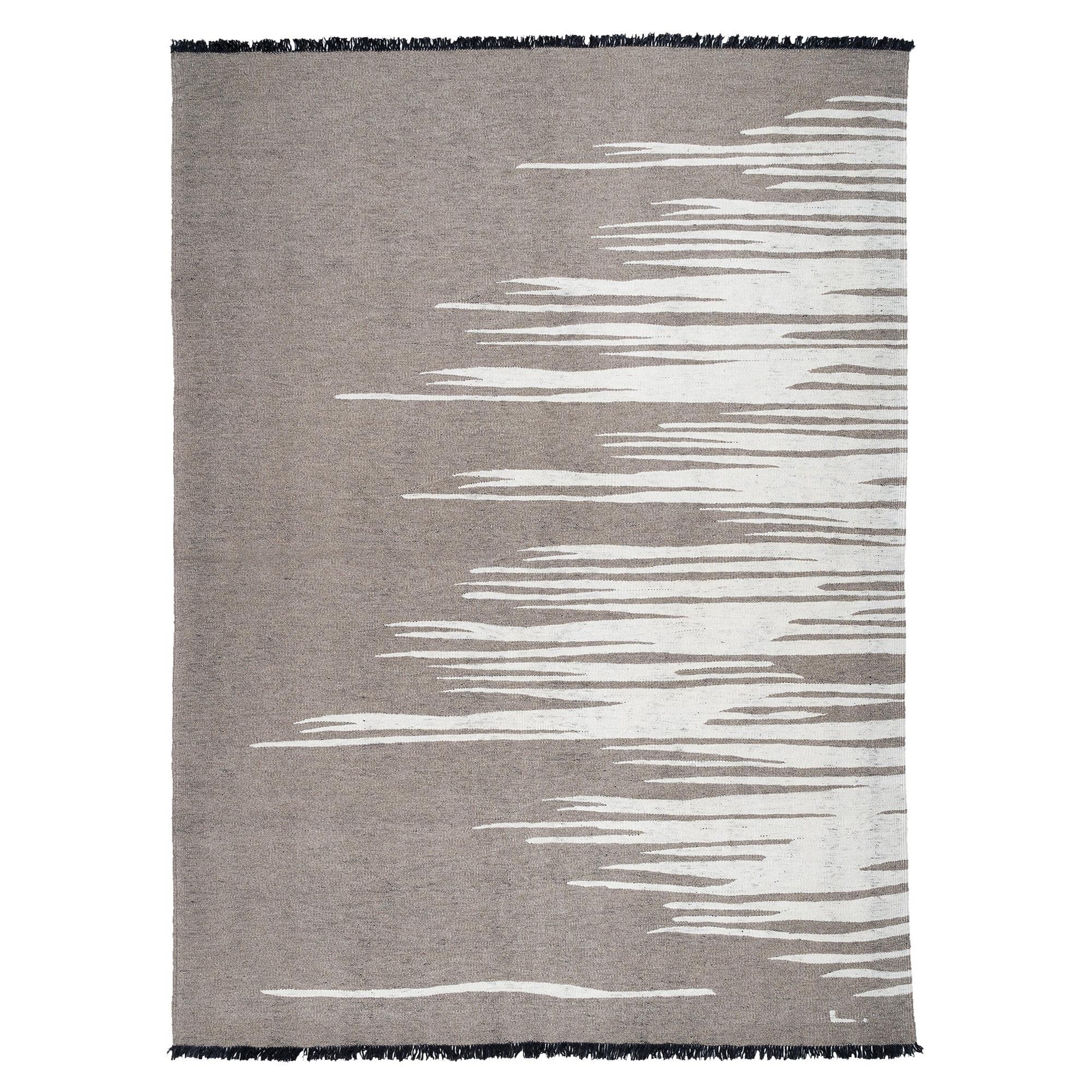 Tapis Kilim Ege n° 3 en laine tissé à la main, contemporain gris terreux et blanc dune