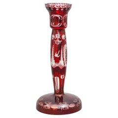 Egermann Bohemian Ruby Red Cut to Clear Crystal Glass Candlestick 1960s