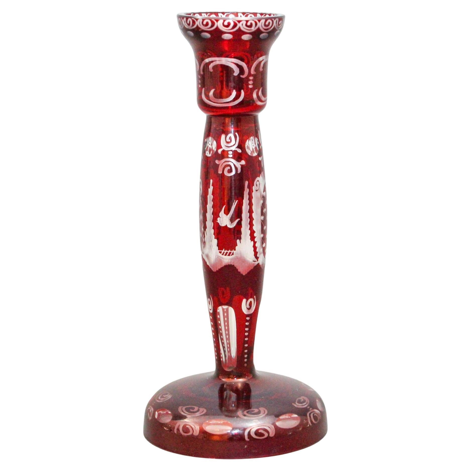 Egermann Bohemia Candelabro de cristal rojo rubí tallado a transparente Años 60
