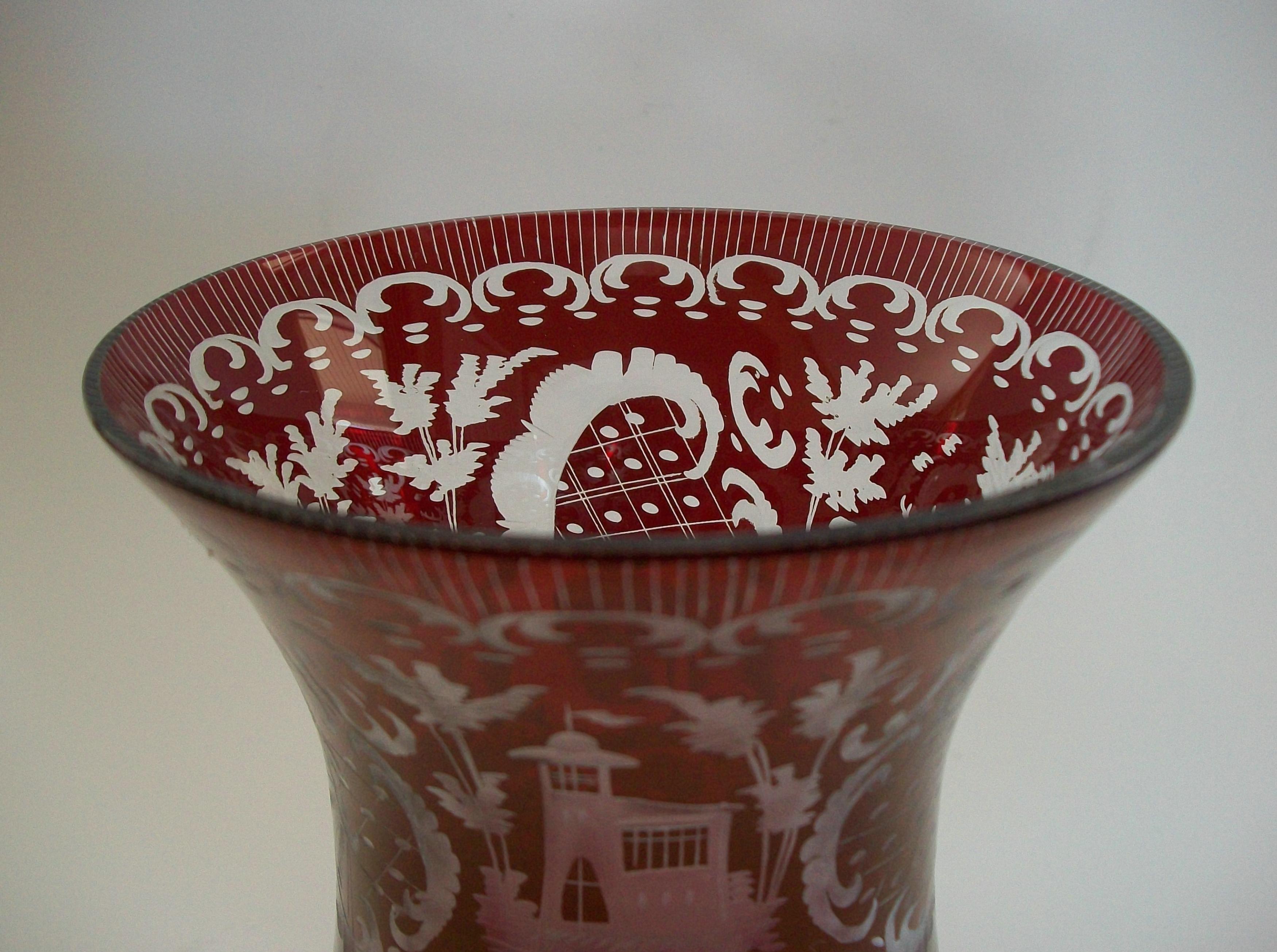 EGERMANN GLASS - Pair of Ruby Flashed Wheel Cut Glass Vases - Czechia - C.1940's For Sale 3