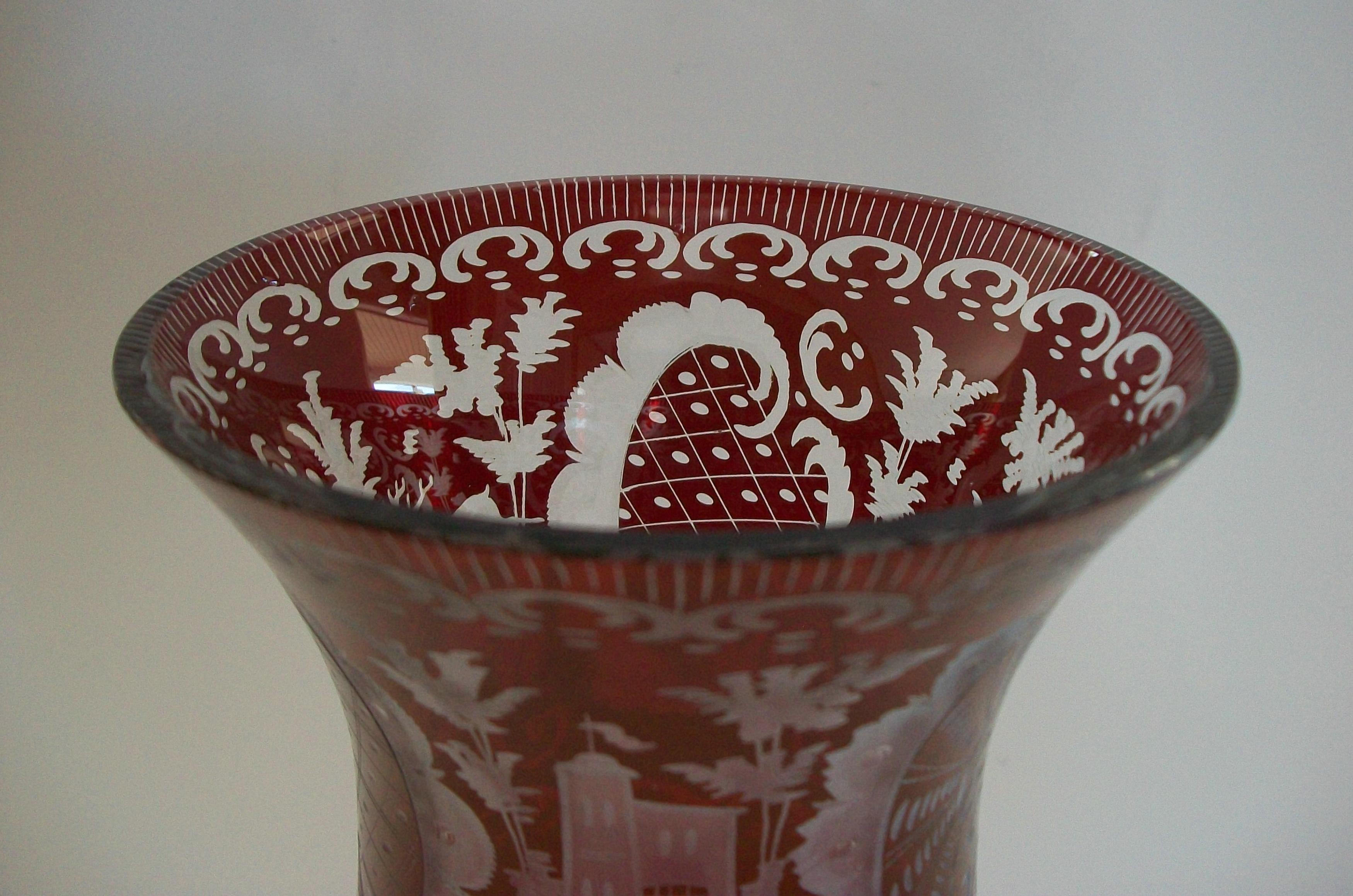 EGERMANN GLASS - Pair of Ruby Flashed Wheel Cut Glass Vases - Czechia - C.1940's For Sale 5