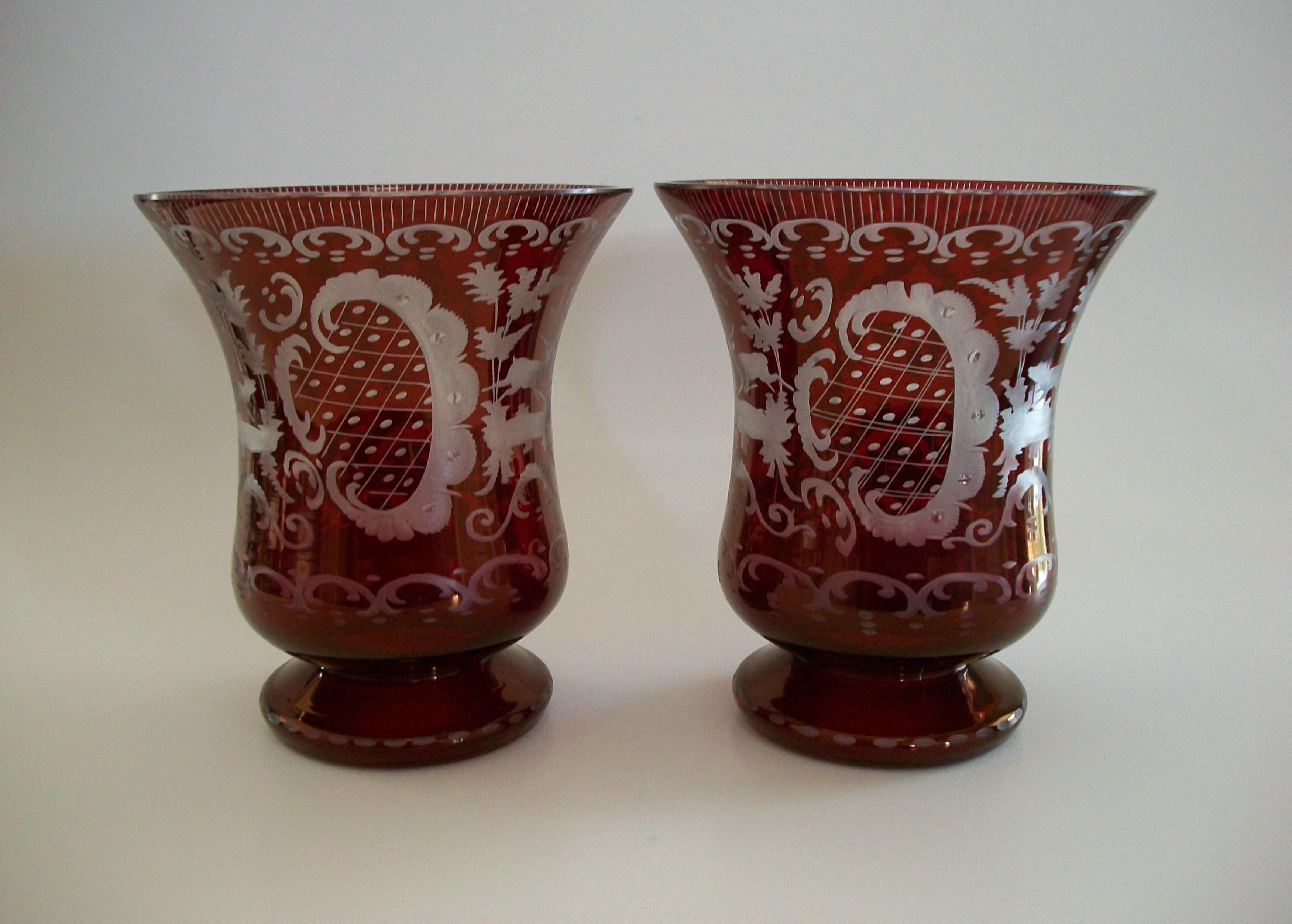 Rococo EGERMANN GLASS - Pair of Ruby Flashed Wheel Cut Glass Vases - Czechia - C.1940's For Sale