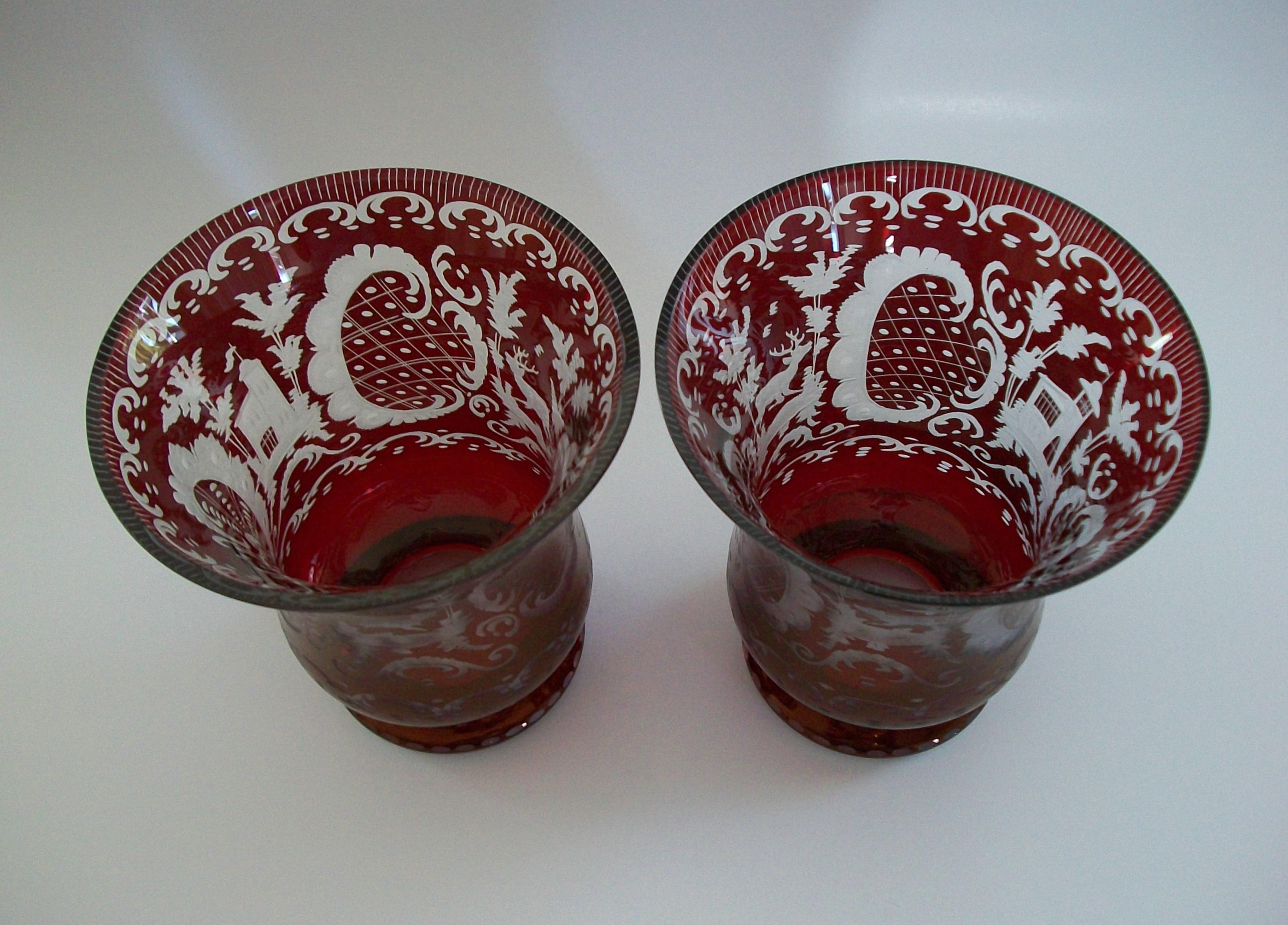 Art Glass EGERMANN GLASS - Pair of Ruby Flashed Wheel Cut Glass Vases - Czechia - C.1940's For Sale