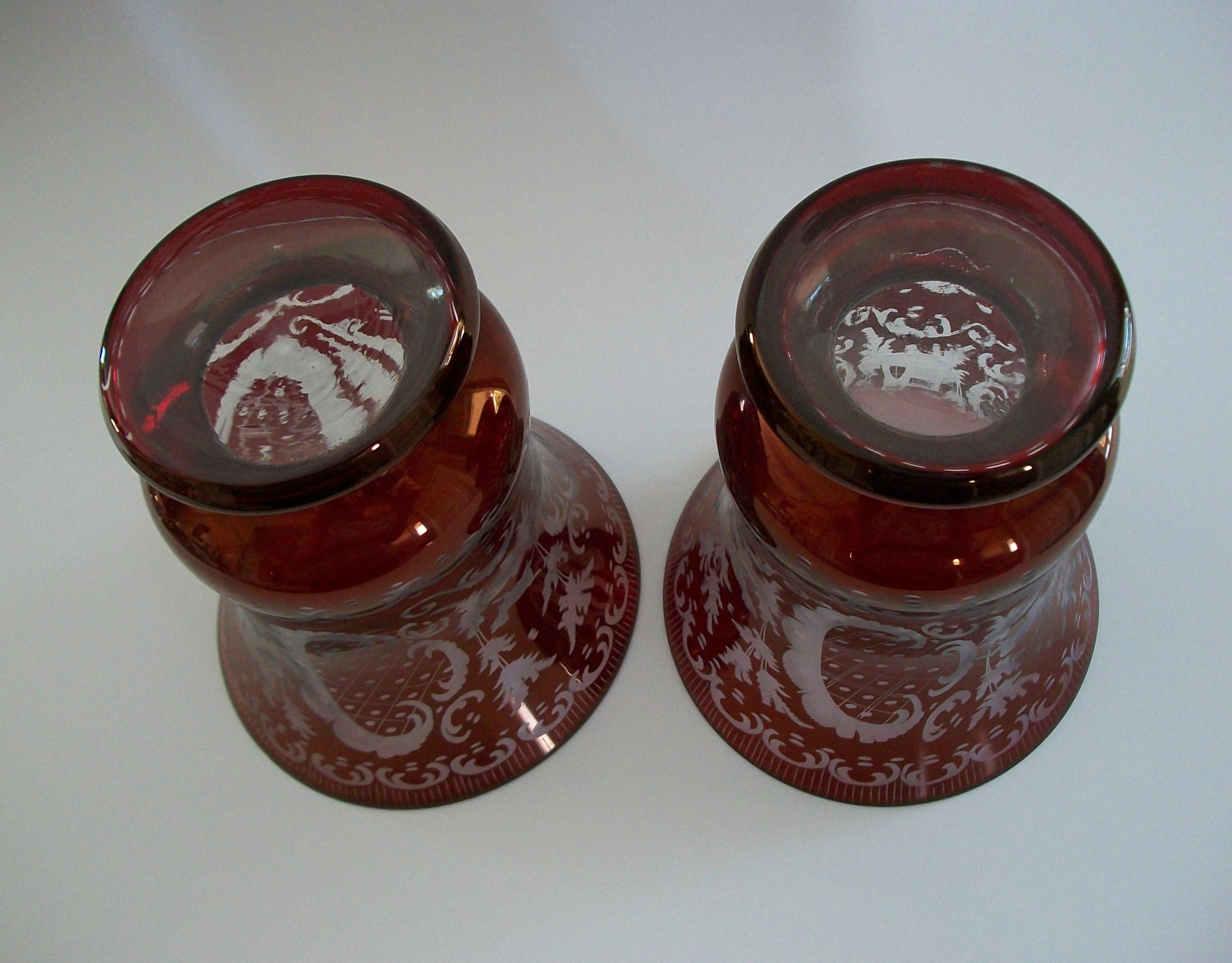 EGERMANN GLASS - Pair of Ruby Flashed Wheel Cut Glass Vases - Czechia - C.1940's For Sale 1