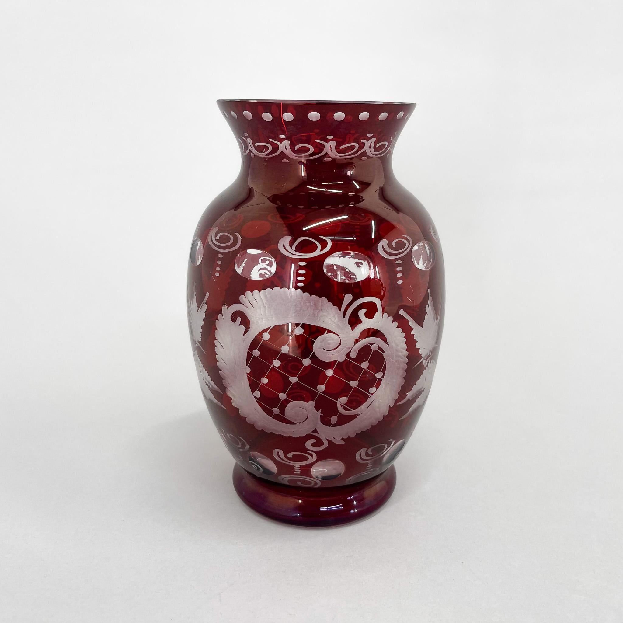 Egermann Ruby Red Hand Cut Glass Vase, Czechoslovakia, 1940's For Sale 3