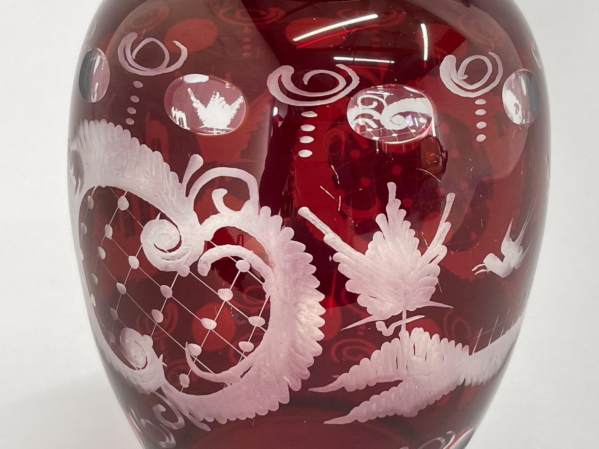 Egermann Ruby Red Hand Cut Glass Vase, Czechoslovakia, 1940's In Good Condition For Sale In Praha, CZ