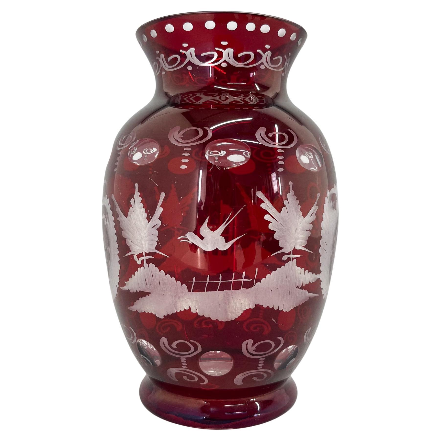 Egermann Ruby Red Hand Cut Glass Vase, Czechoslovakia, 1940's