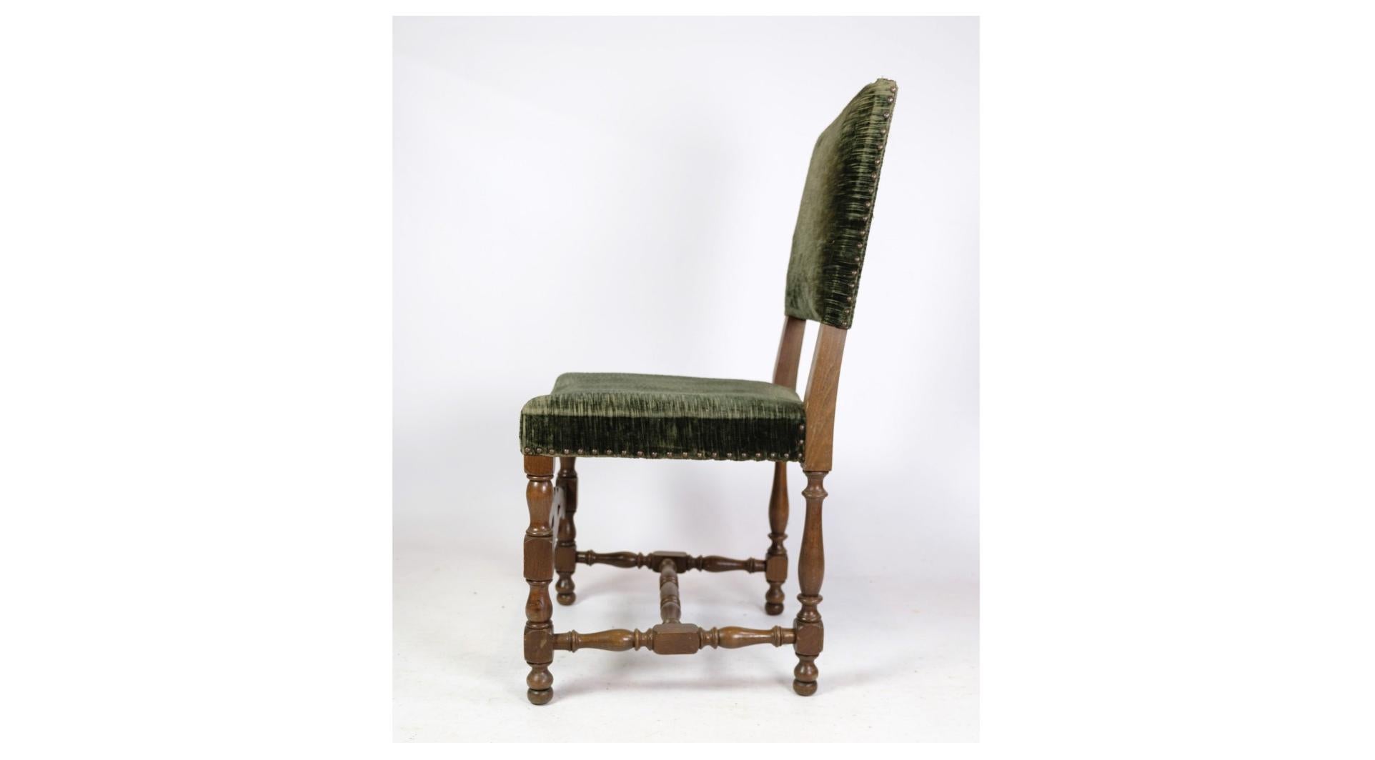 Mid-20th Century Renaissance style Chairs Made In Oak With Green Fabric From 1930s For Sale