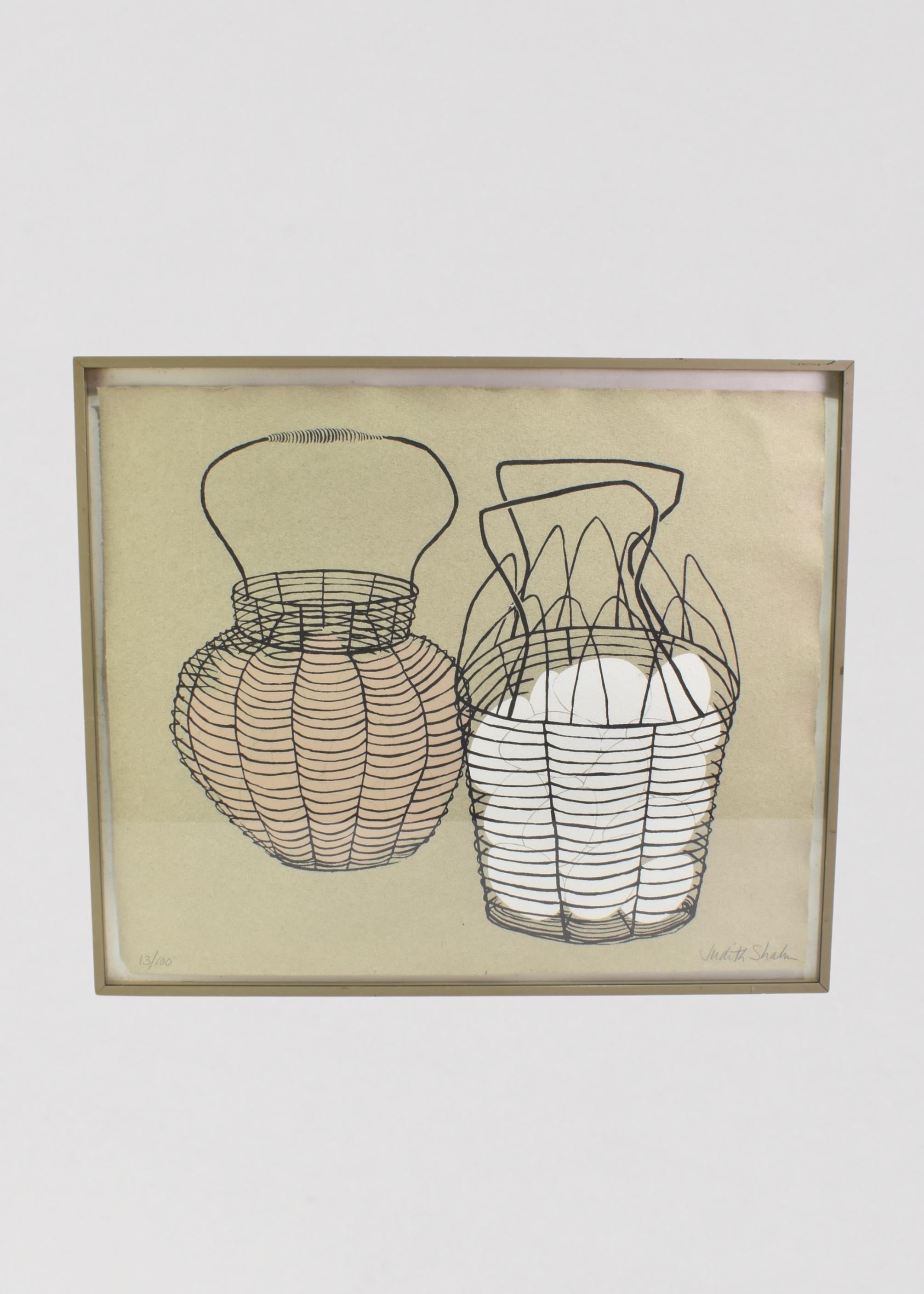 Limited edition serigraph numbered 13/100 and signed by artist Judith Shahn (1929 - 2009) in the lower right. Framed in a brushed aluminum frame and wire on the back for hanging.