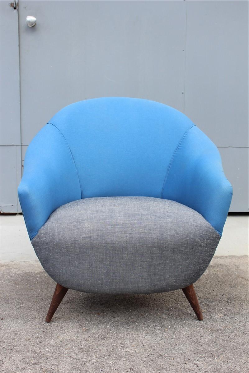 Mid-20th Century Egg Enveloping Armchair 1950s Midcentury Italian Modern Blue Gray Wood Feet