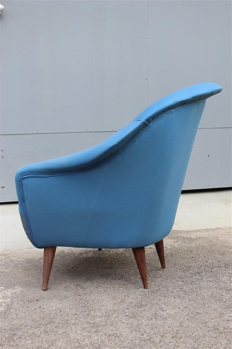 Egg Enveloping Armchair 1950s Midcentury Italian Modern Blue Gray Wood Feet 1