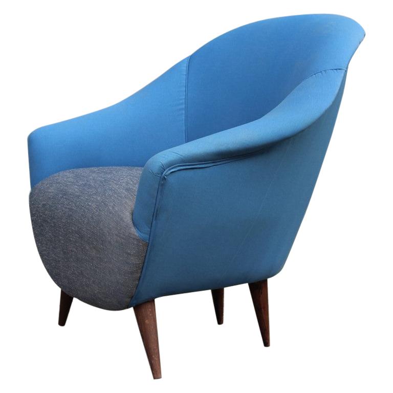 Egg Enveloping Armchair 1950s Midcentury Italian Modern Blue Gray Wood Feet