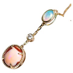 Egg Fire Opal & Australian Opal Diamond Necklace 14K Yellow Gold