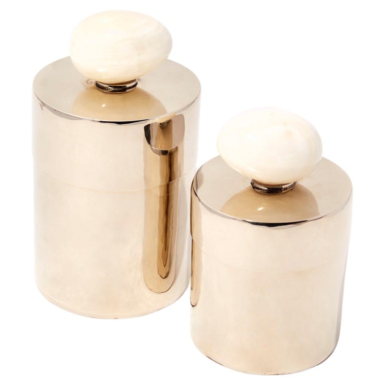 EGG Medium Jar, Cream Onyx & Alpaca Silver For Sale