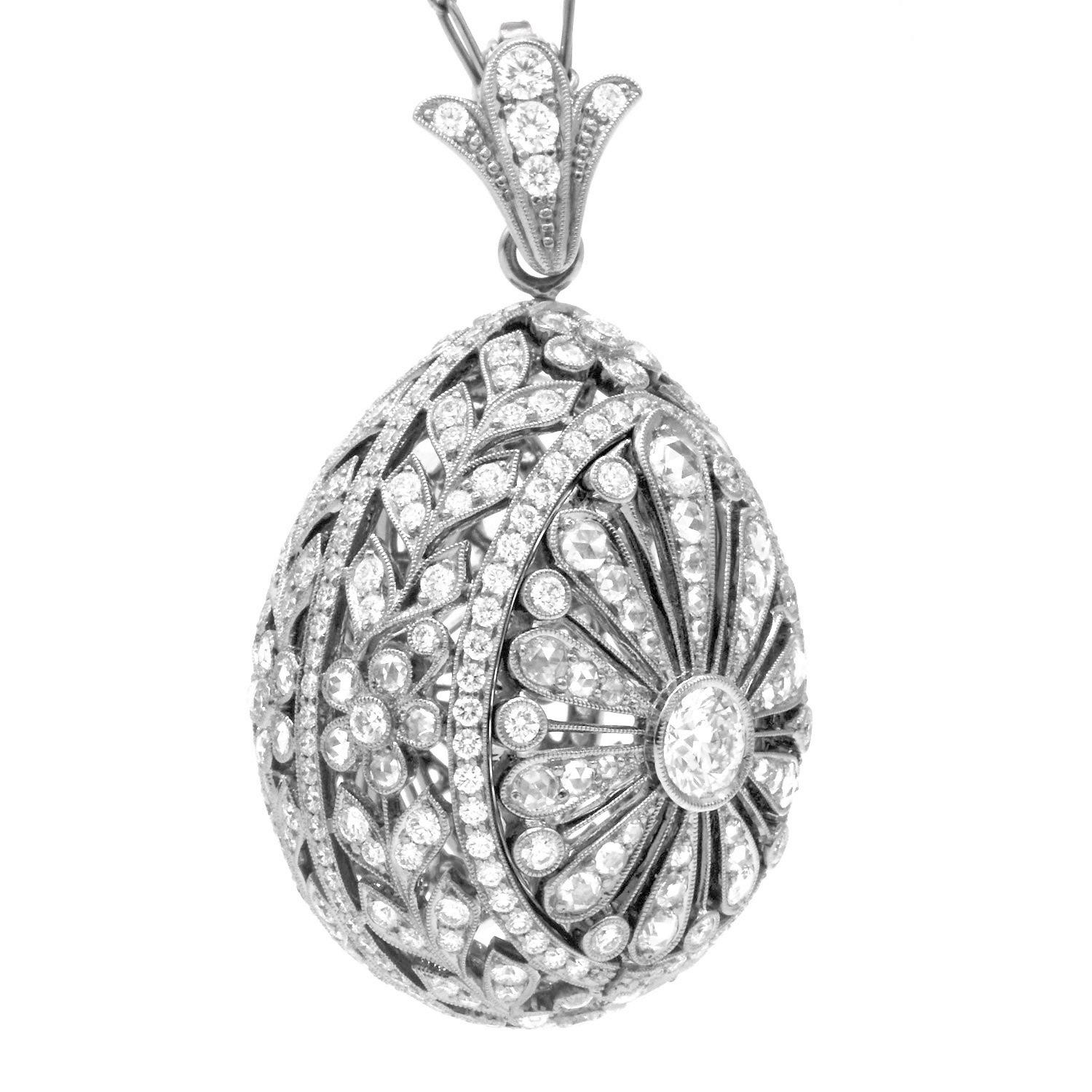 Round Cut Edwardian Diamond Open Egg Pendant Locket Necklace, Chavana Collection For Sale