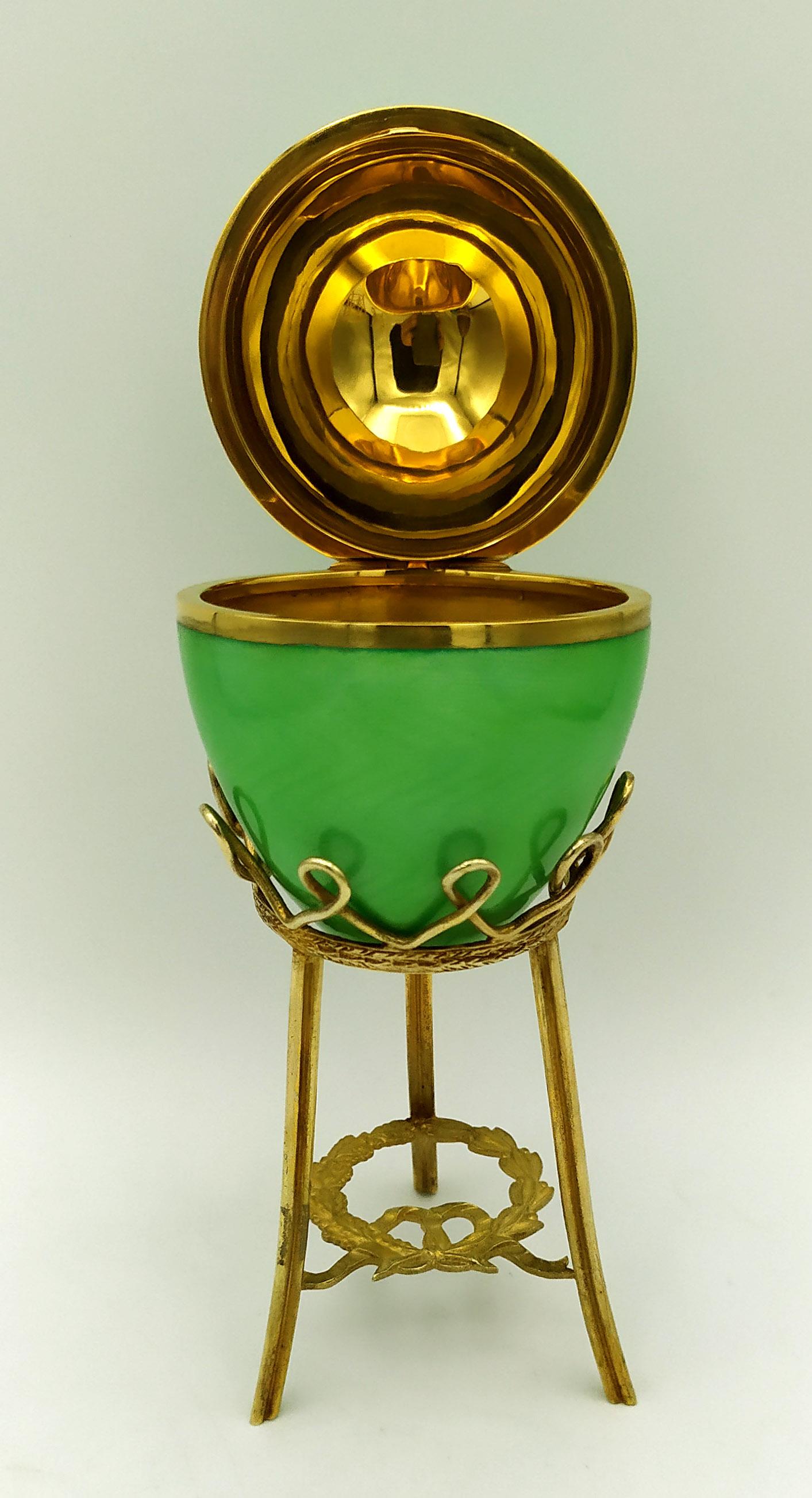 Gold Plate Egg Russian Empire style enamel with tall tripod Sterling Silver Salimbeni  For Sale